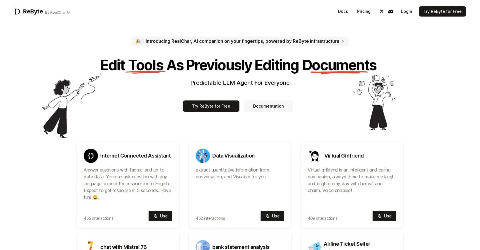 ReByte homepage screenshot — Predictable LLM Agent For Everyone