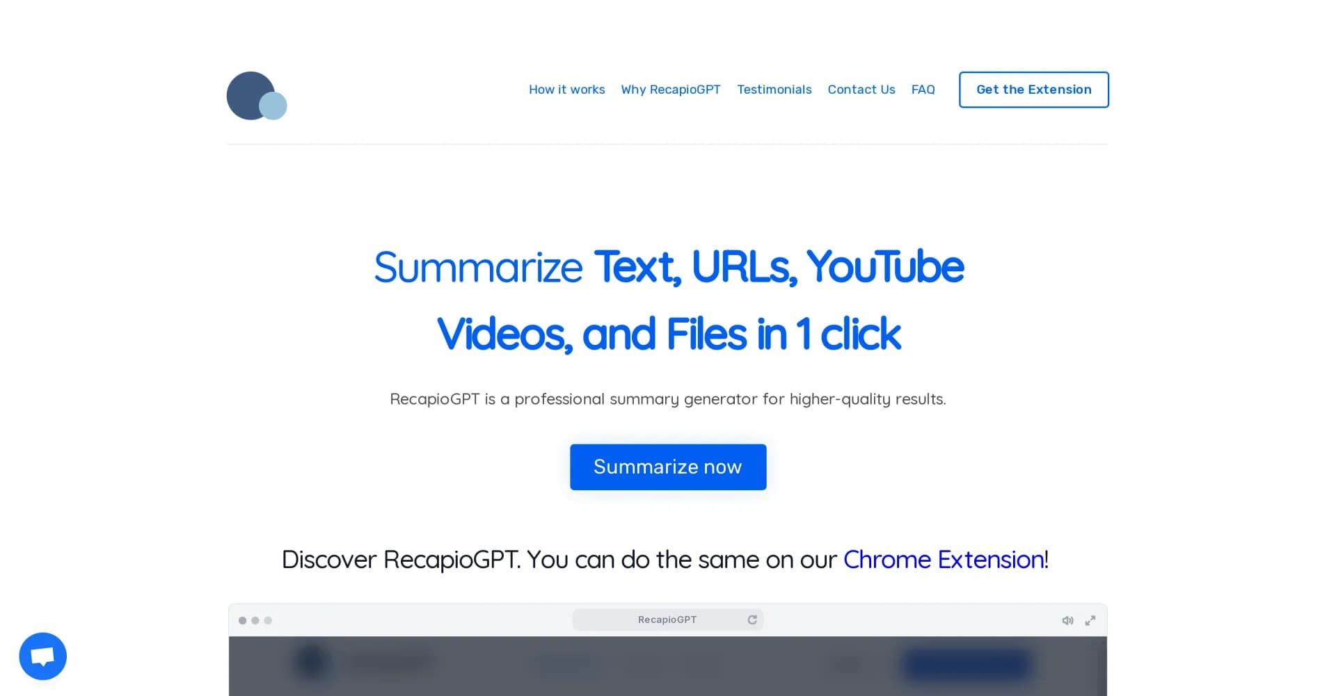 RecapioGPT homepage screenshot — Summarize content in one click