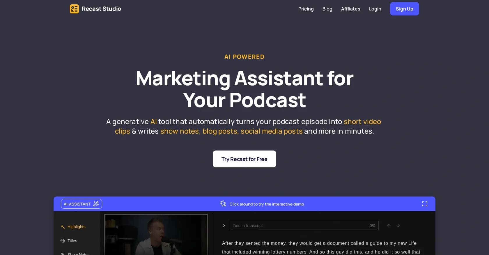 Recast Studio homepage screenshot — AI turns podcasts into marketing assets