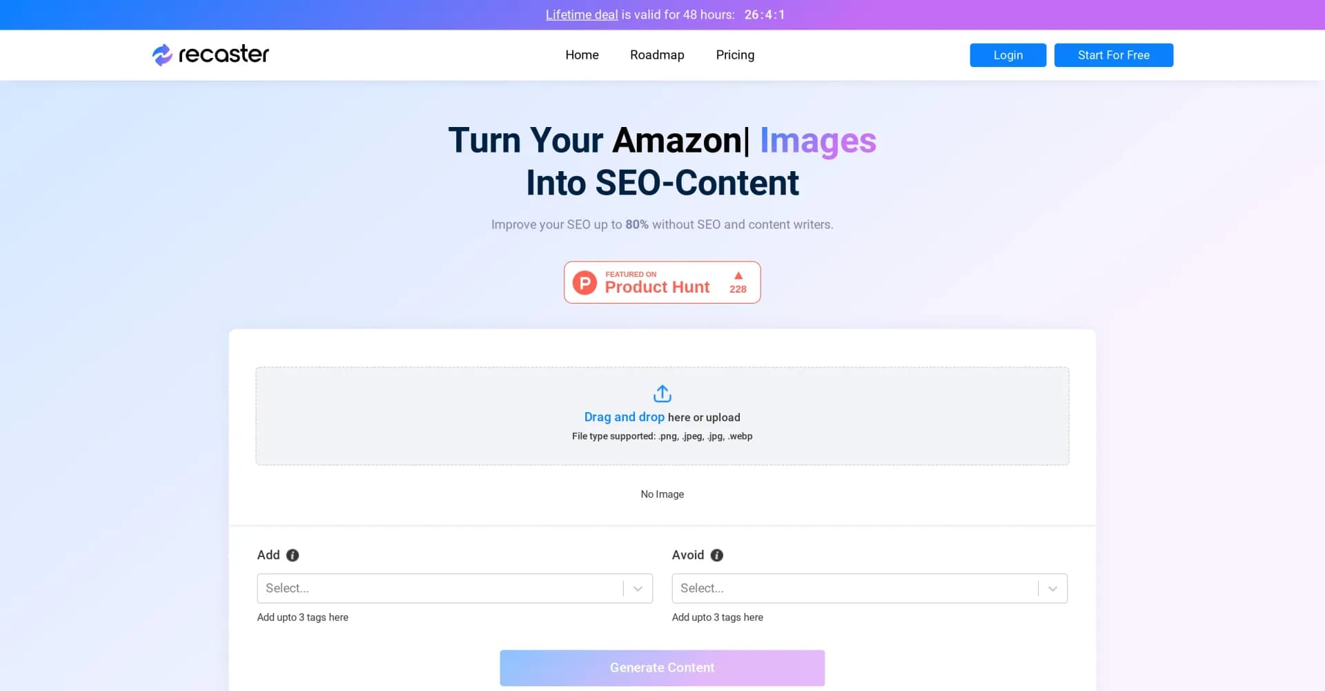 Recaster AI homepage screenshot — Turn Shopify images into SEO-boosting content