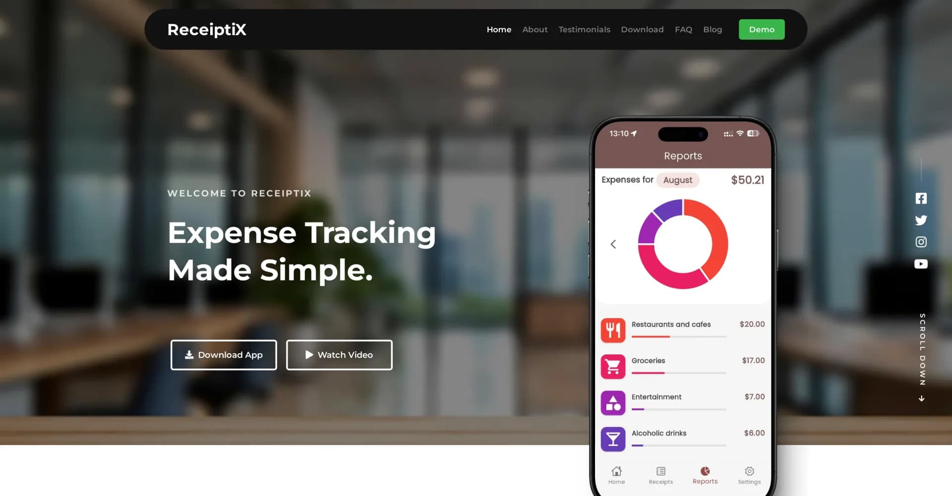 ReceiptiX homepage screenshot — Expense tracking made simple