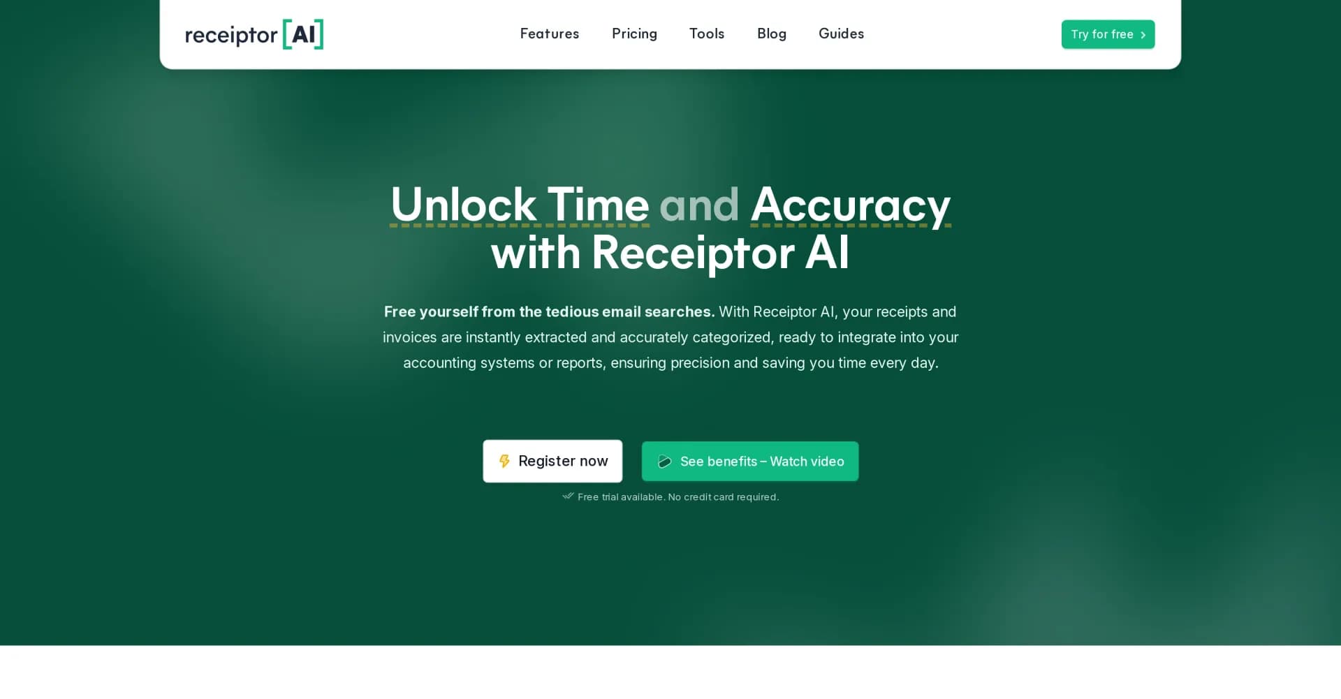 Receiptor homepage screenshot — Extract receipts and invoices from emails automatically