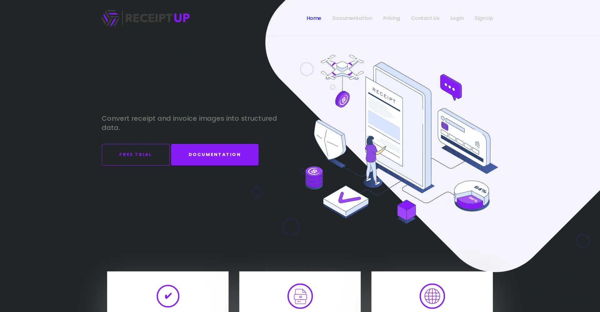 ReceiptUp homepage screenshot — Transform receipts into precise data with OCR API