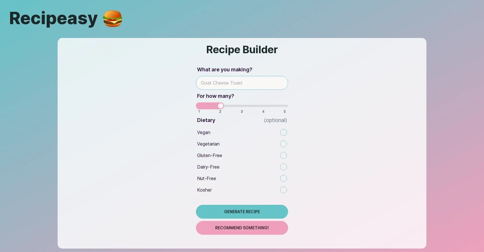 Recipeasy homepage screenshot — AI-powered recipe generator for tailored, delicious meals.