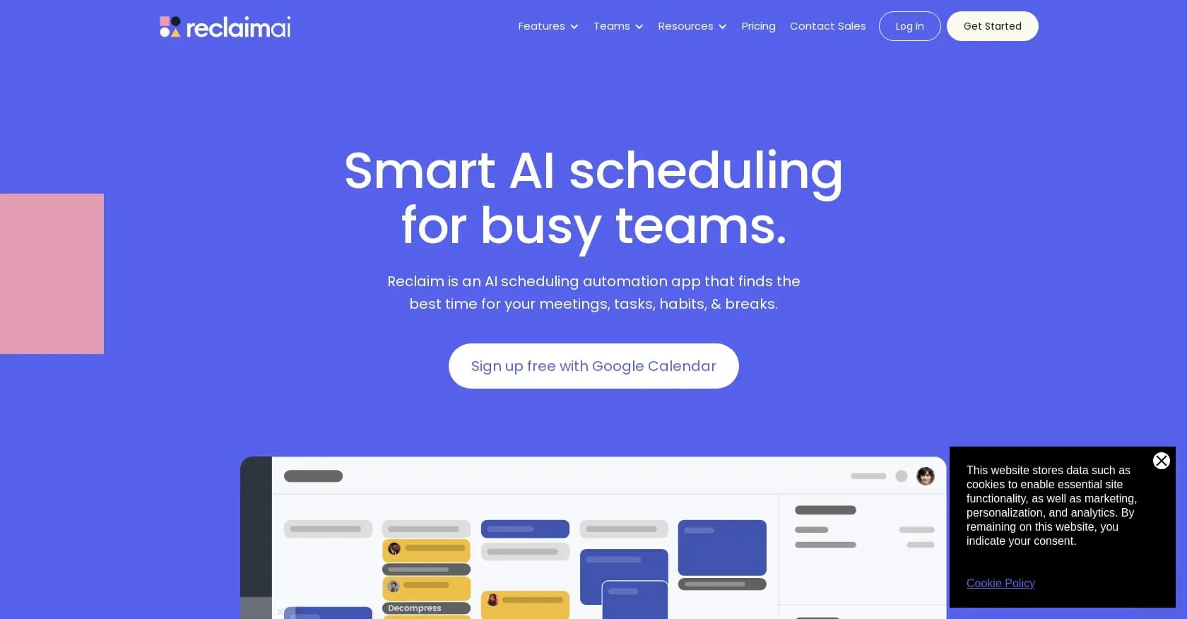ReclaimAI homepage screenshot — Smart scheduling app that creates 40% more time for teams.