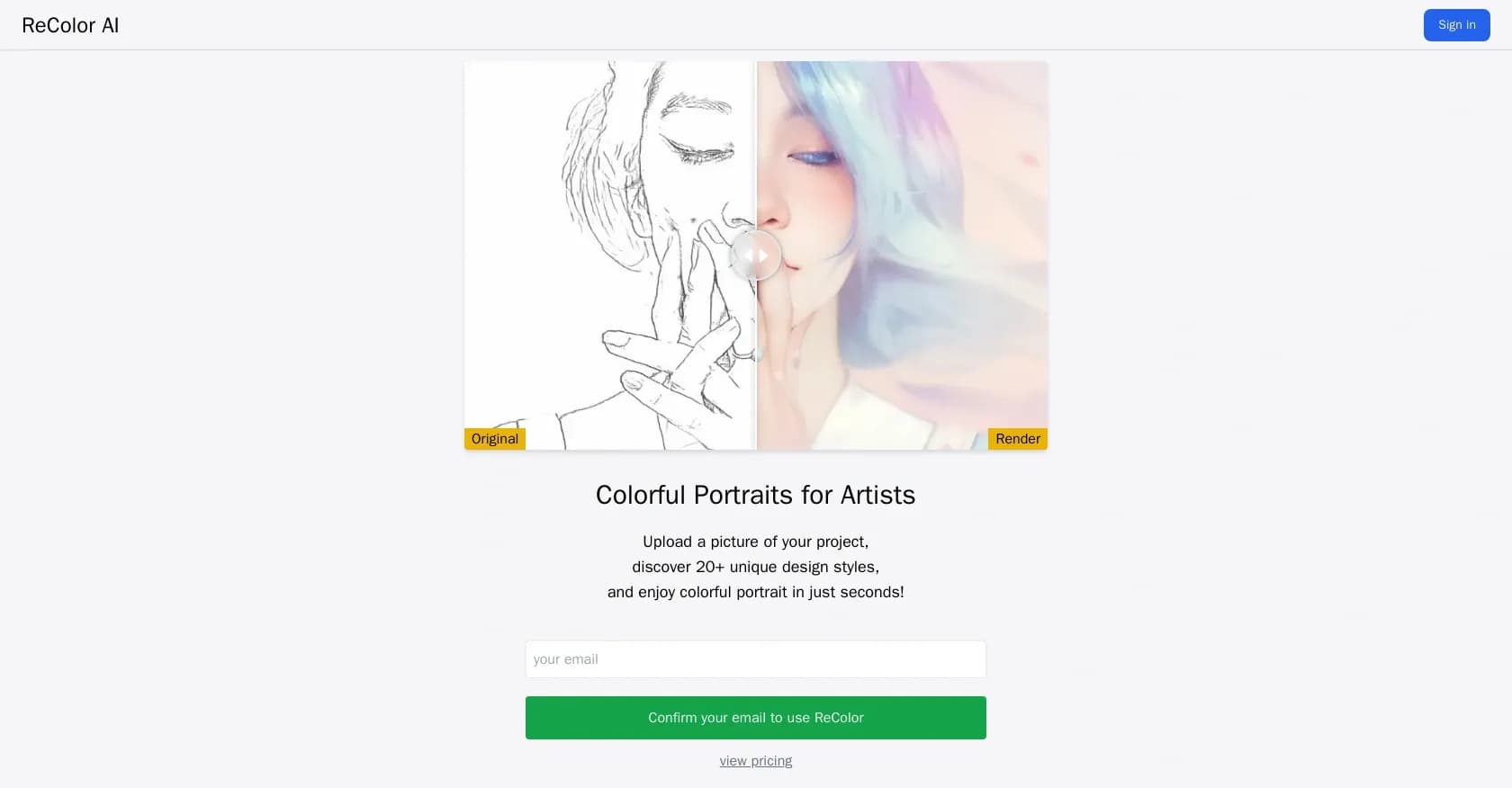 Recolorai homepage screenshot — Create colorful portraits in seconds with AI-powered styles