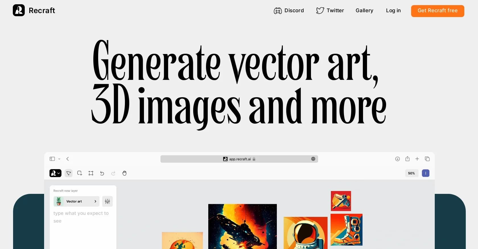 Recraft homepage screenshot — Generate vector art and 3D images effortlessly