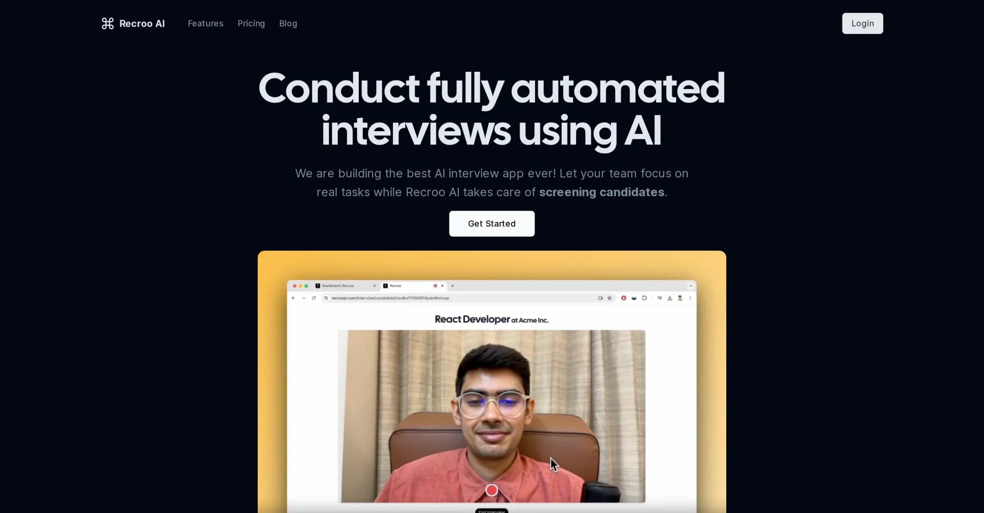 Recroo AI homepage screenshot — Conduct fully automated interviews using AI