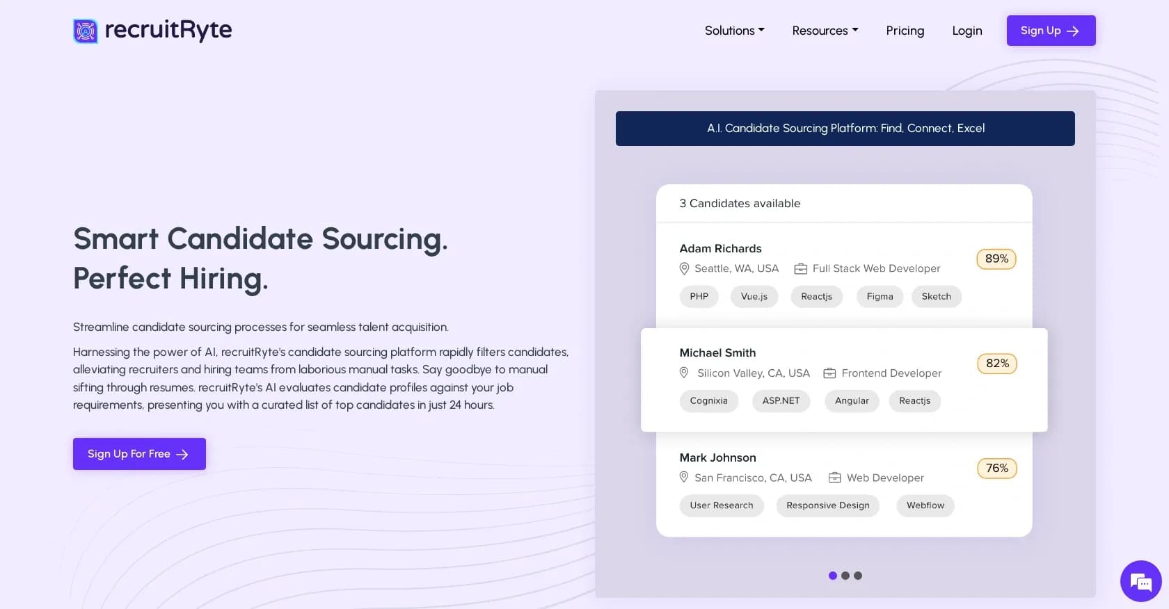 RecruitRyte homepage screenshot — AI-powered sourcing for seamless talent acquisition