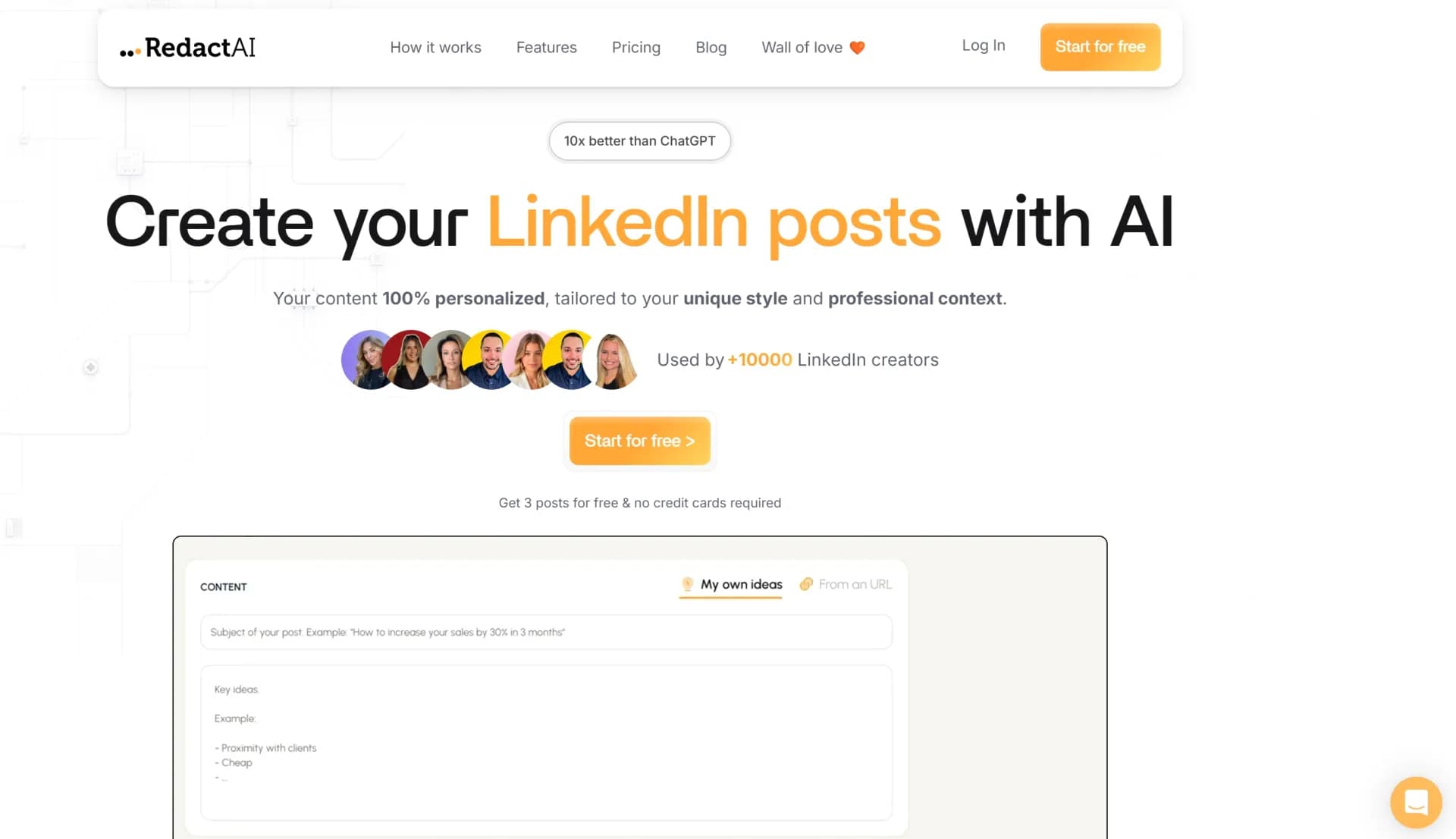 RedactAIv2.0 homepage screenshot — Create your 100% personalized LinkedIn posts with AI!