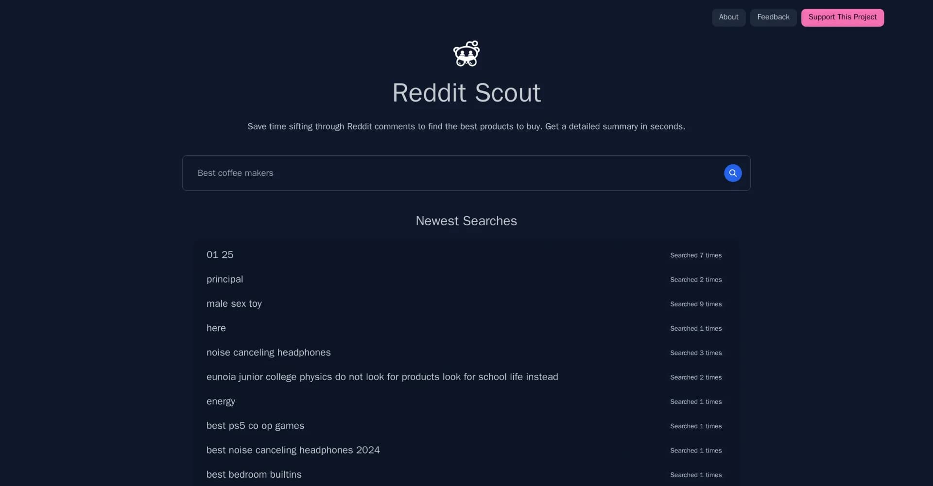 Reddit Scout homepage screenshot — Find product reviews on Reddit in seconds.