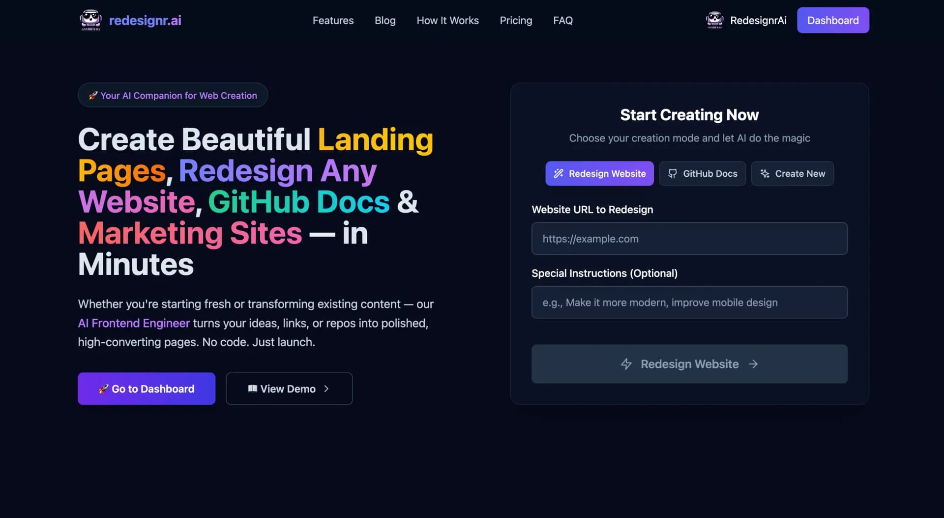 Redesignr Ai - website redesign and landing page bui... homepage screenshot — Redesign And Build websites, docs, and blogs with AI in minu