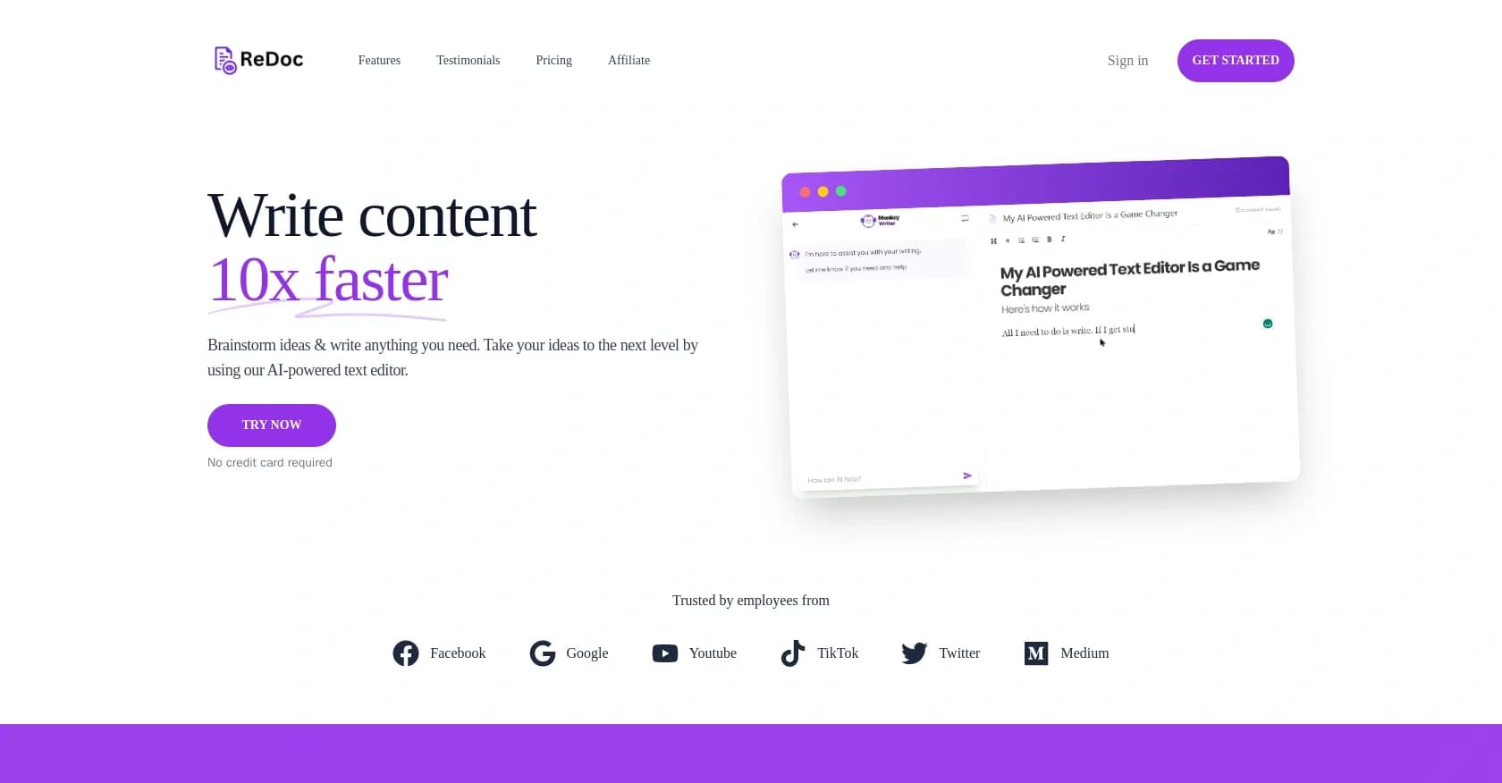 Redoc homepage screenshot — AI-powered tool to write content 10x faster