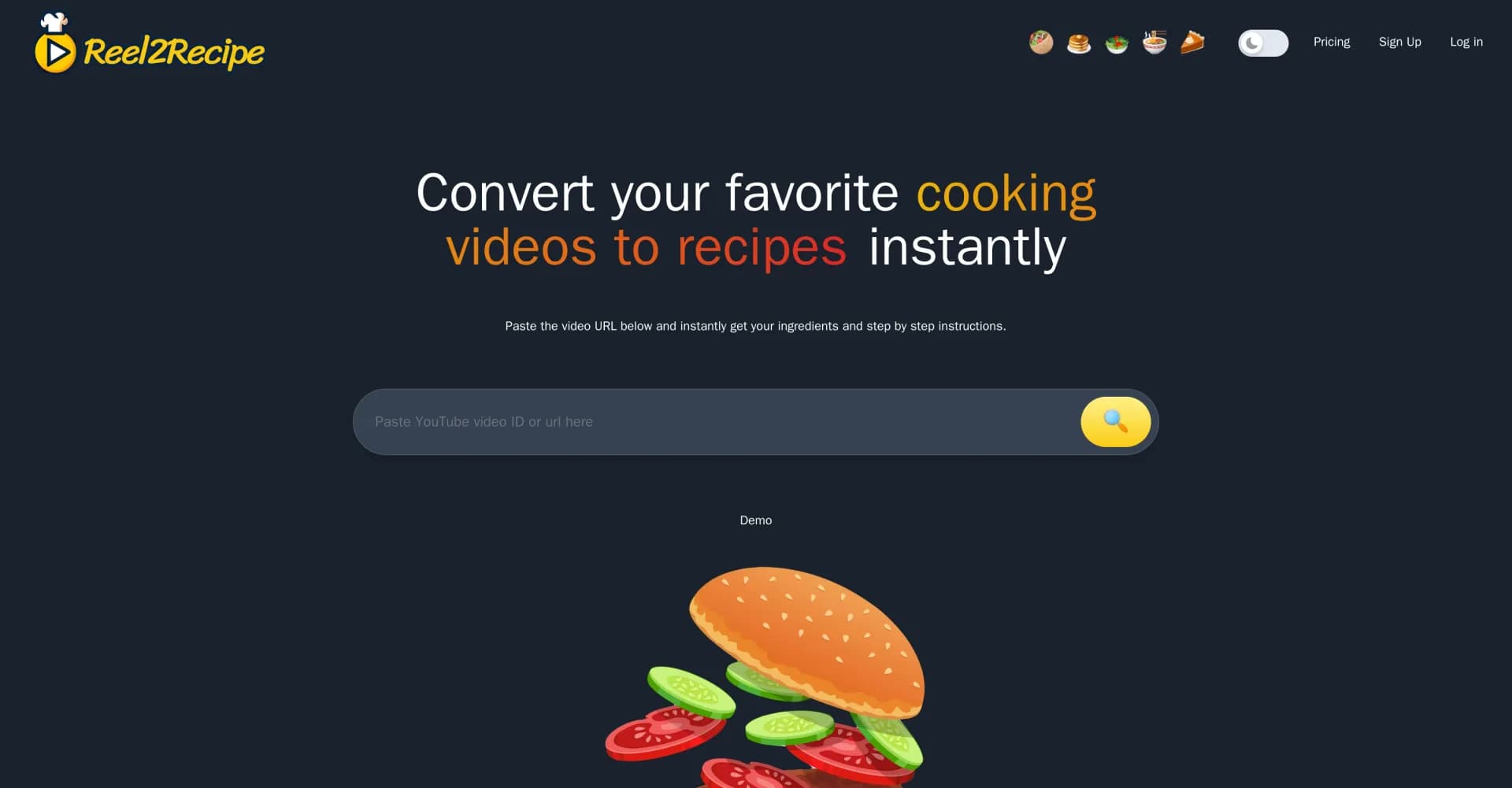 Reel2Recipe homepage screenshot — Turn cooking videos into detailed recipes.