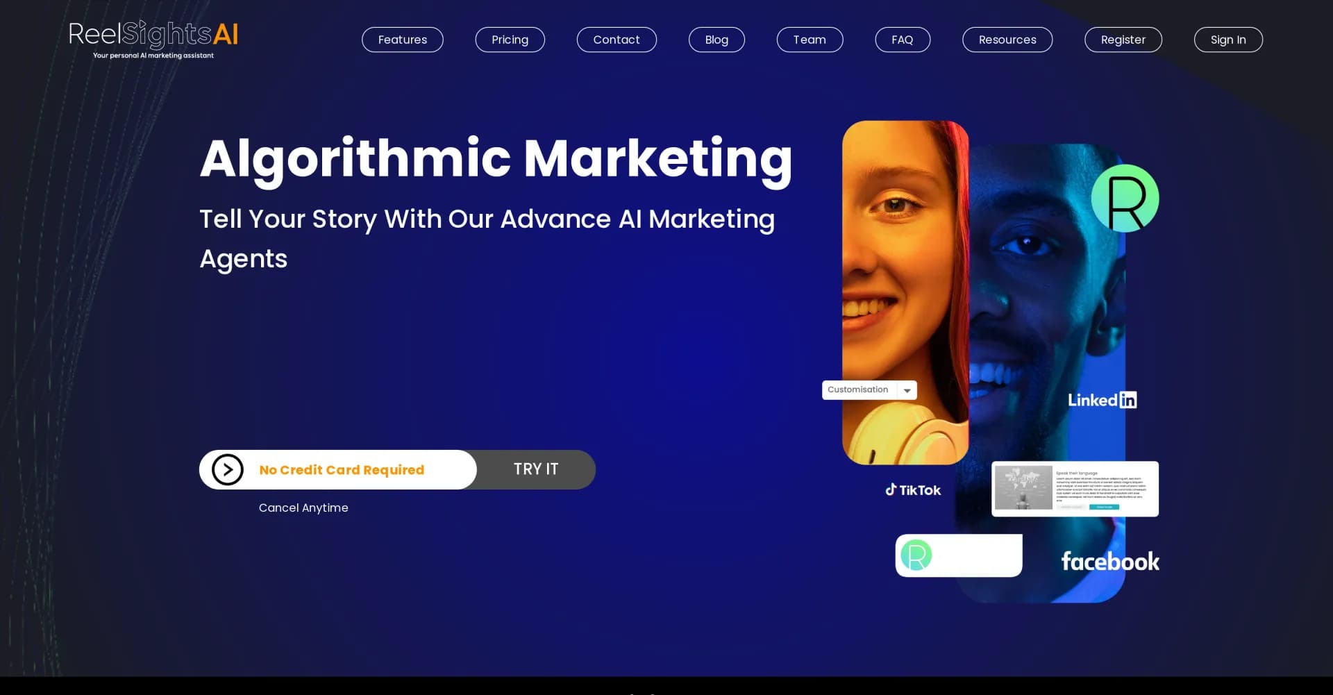 ReelSights AI homepage screenshot — AI-powered marketing tools for personalized success