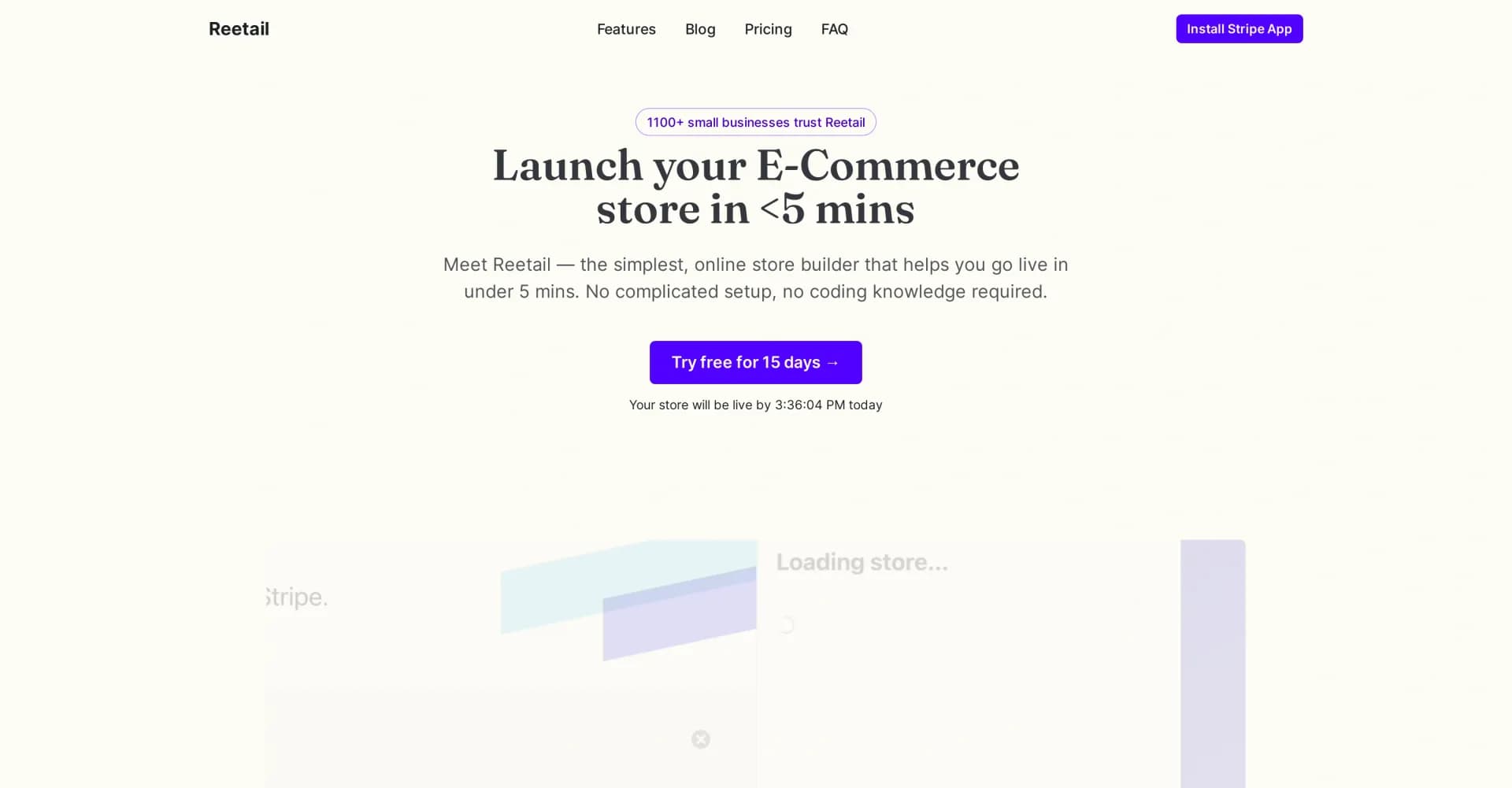 Reetail homepage screenshot — Launch your e-commerce store in minutes.