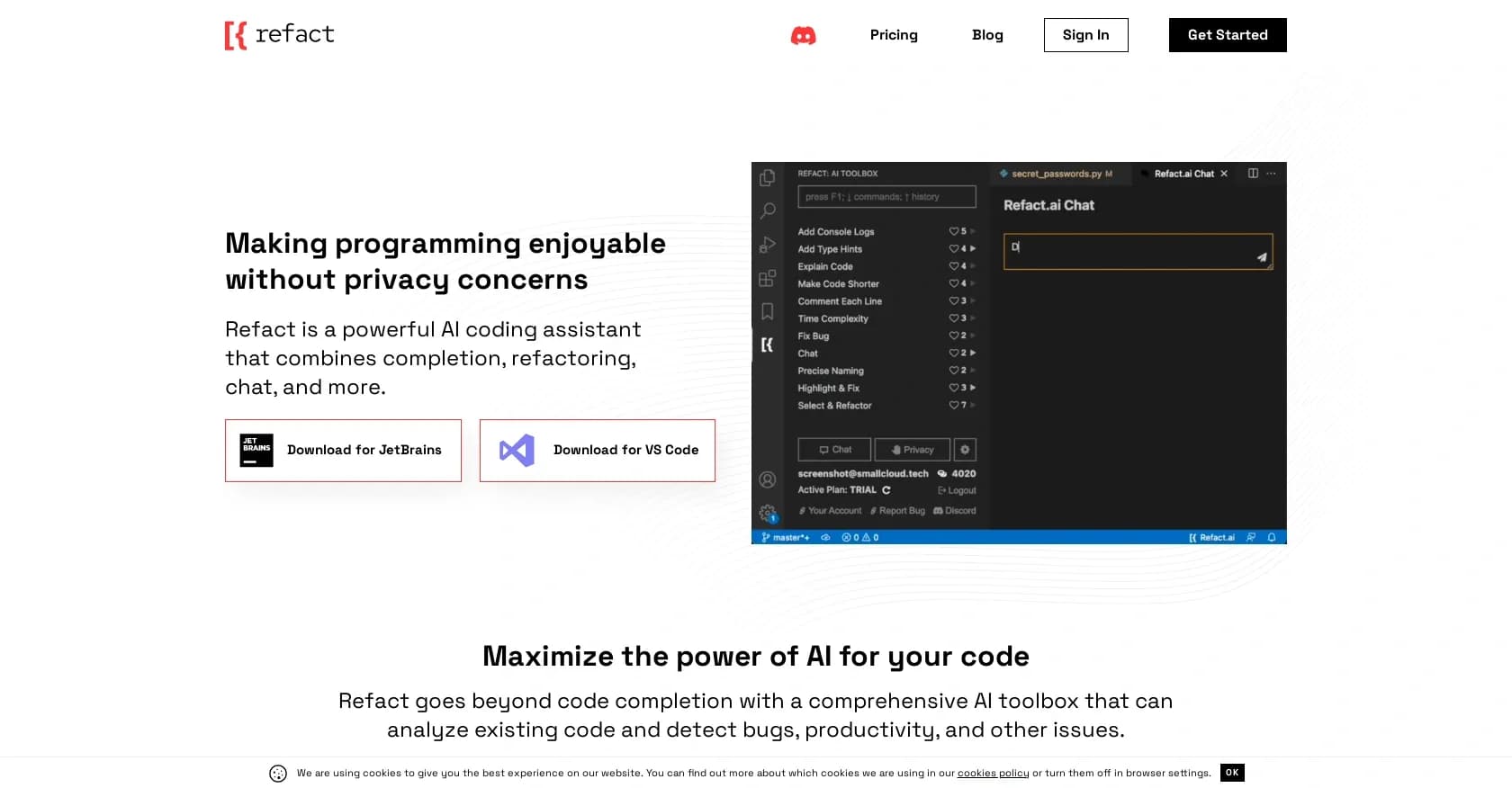Refact homepage screenshot — AI coding assistant that maximizes productivity and enjoymen