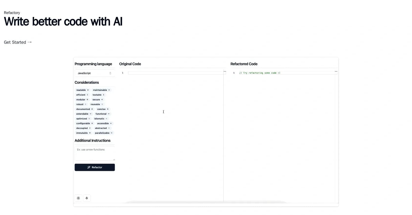 Refactory homepage screenshot — AI-powered code improvement assistant