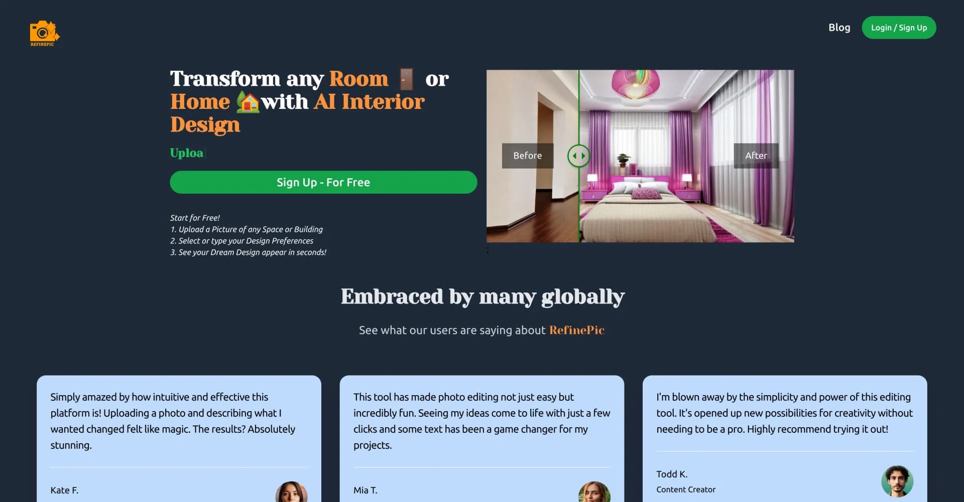 RefinePic homepage screenshot — Transform any room or home with AI interior design