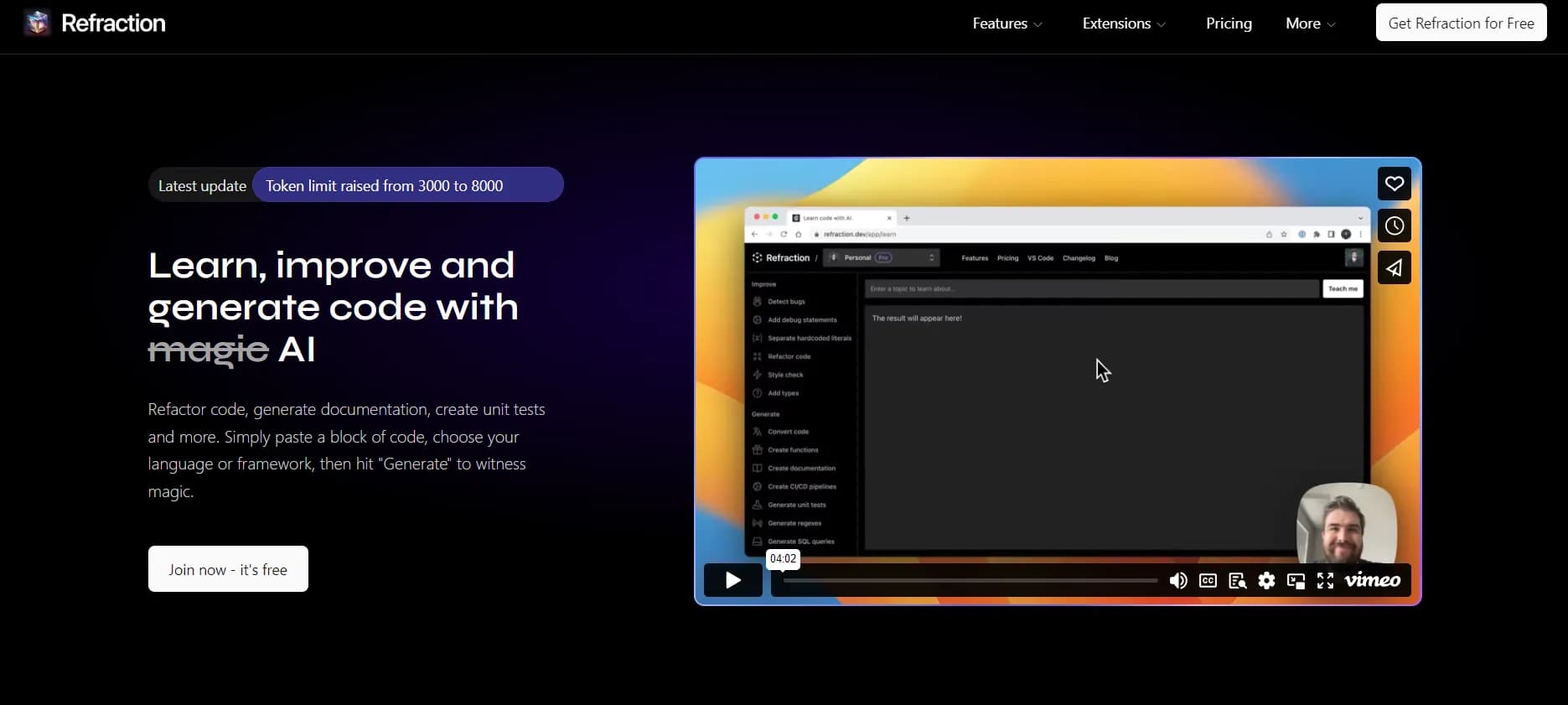 Refraction homepage screenshot — Assisted code generation and refactoring for devs.