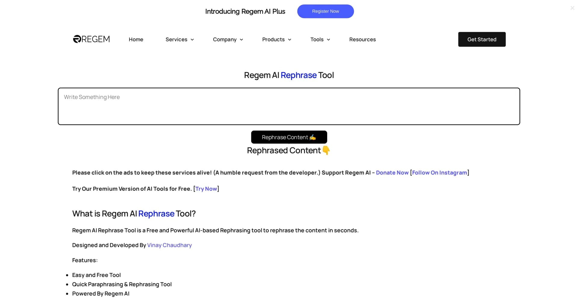 Regem homepage screenshot — Quickly rephrase your content with one click.