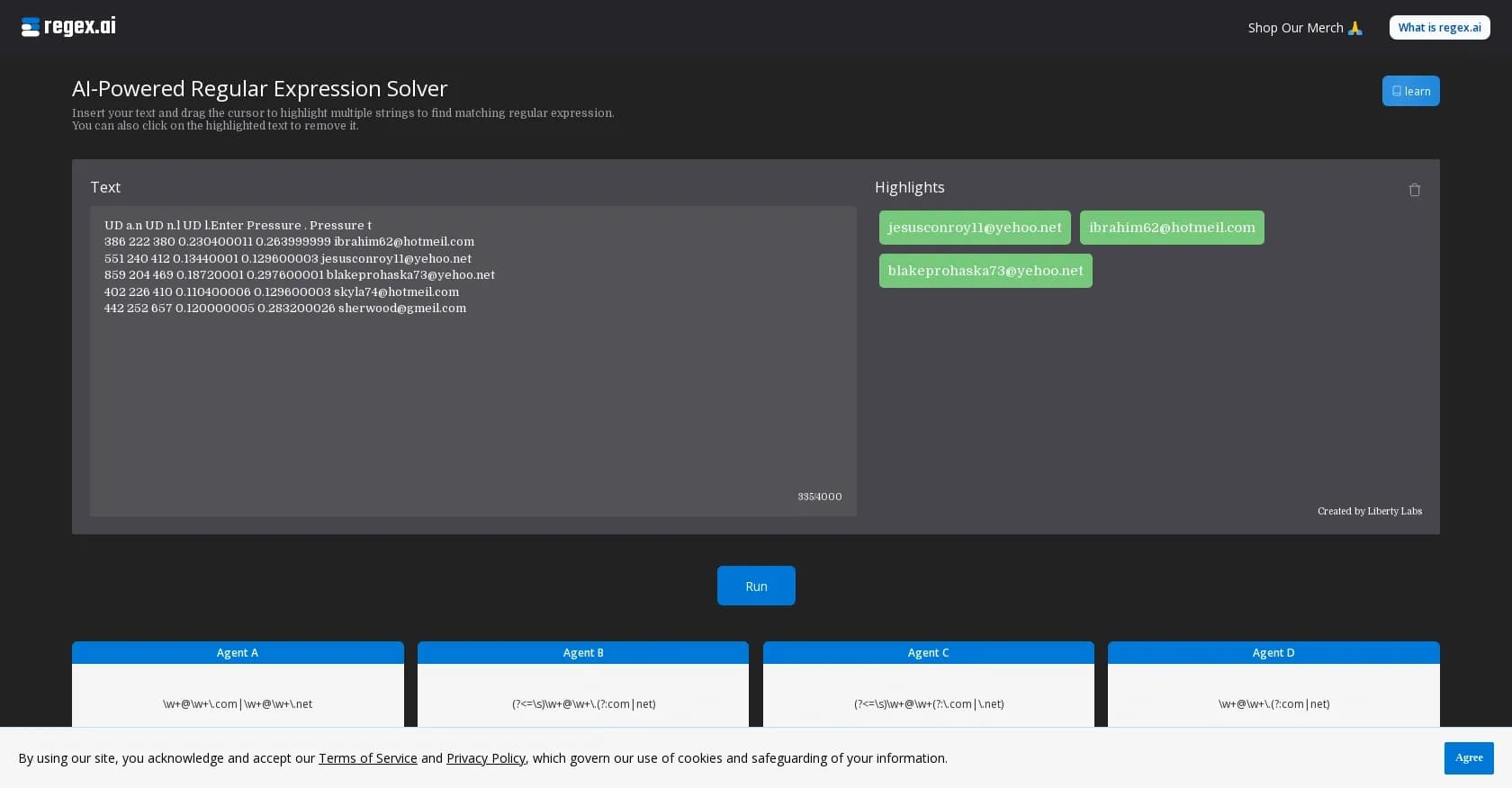 Regex homepage screenshot — AI-powered regex generator and solver