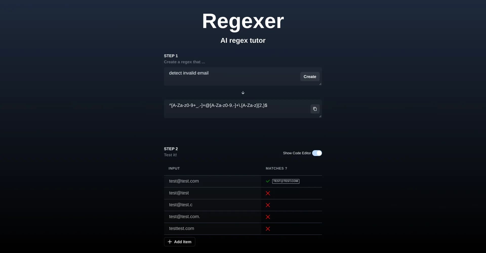 Regexer homepage screenshot — Regex code validation and generation