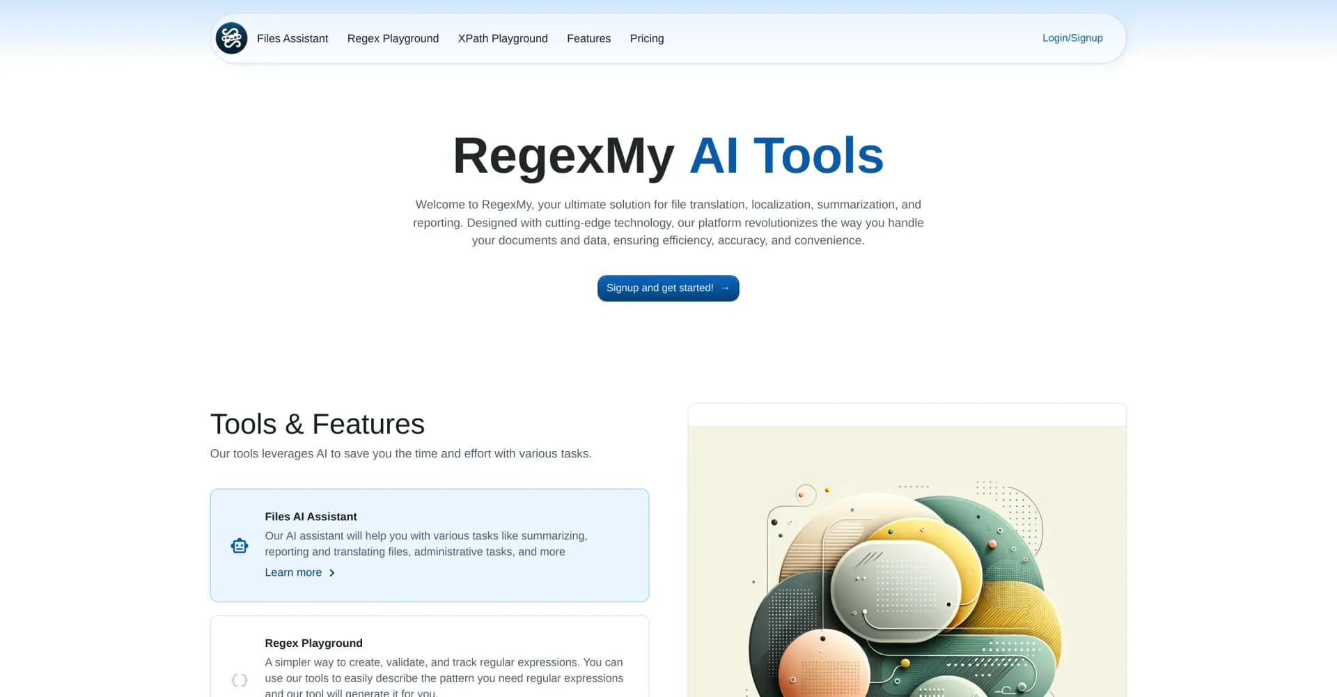 RegexMy homepage screenshot — AI-powered tools for search, file ops, and code tasks.