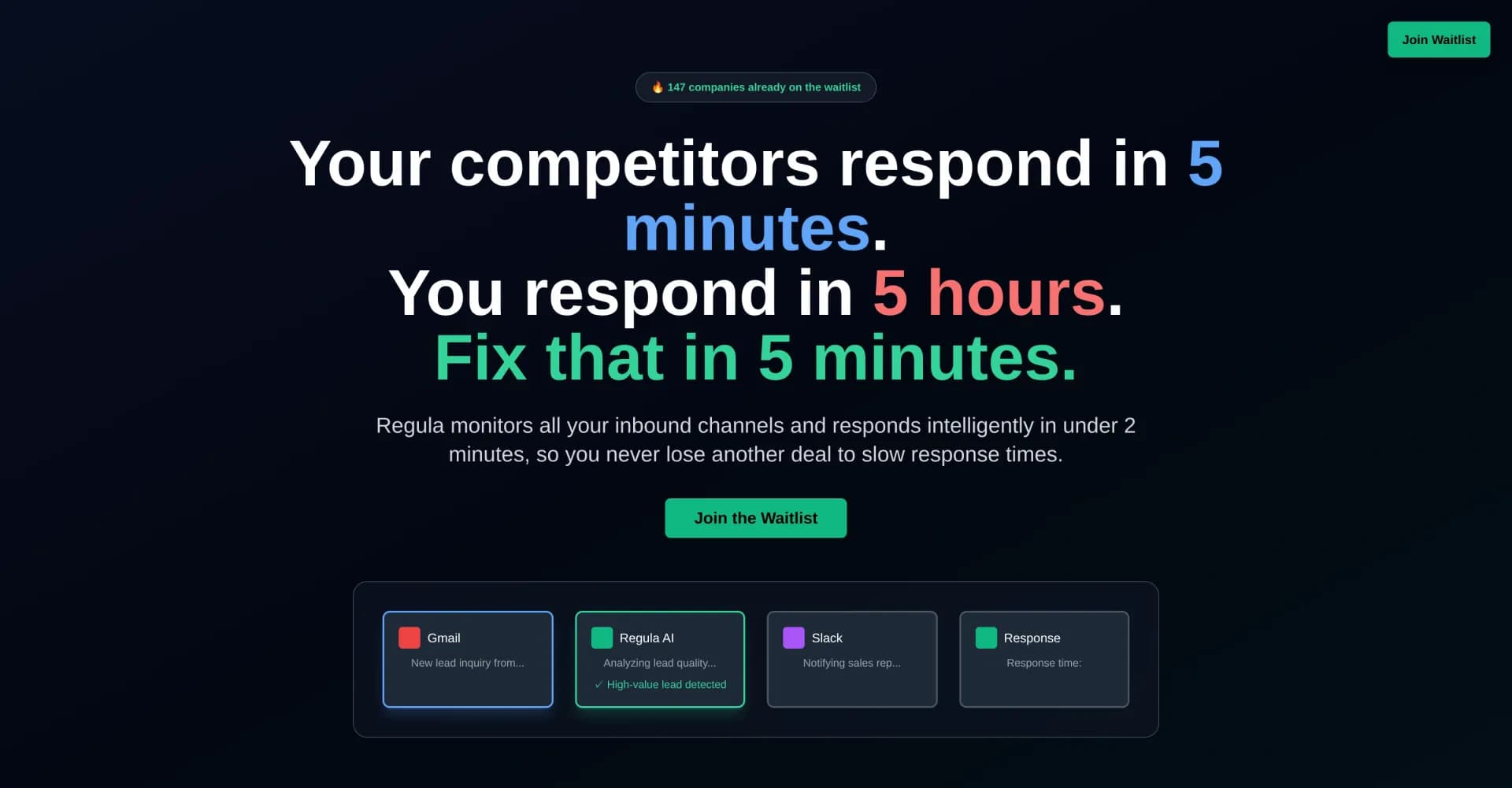 Regula AI Inbound Lead Response Engine homepage screenshot — Respond to every lead in under two minutes