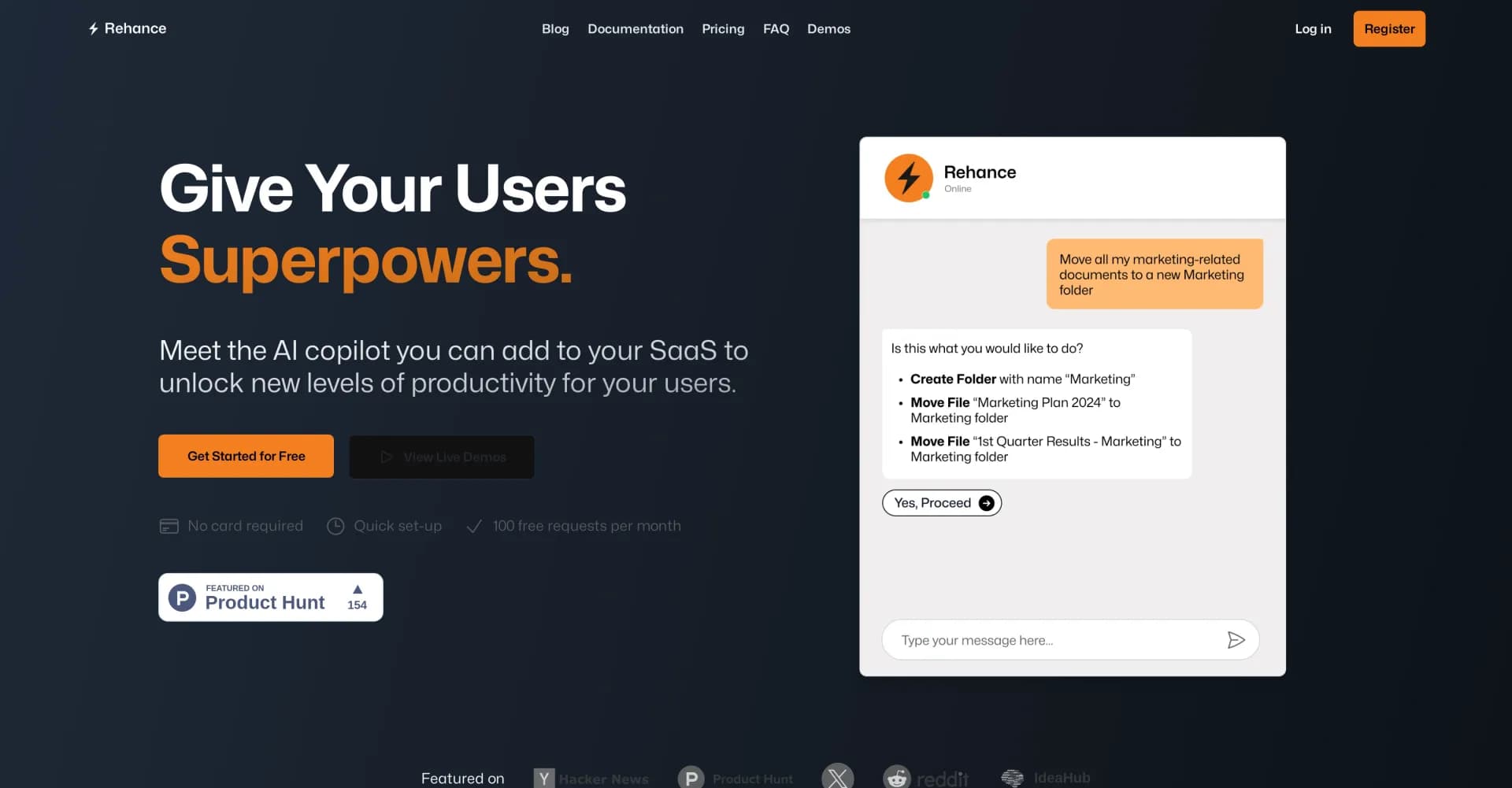 Rehance homepage screenshot — Add AI assistants to your SaaS in minutes