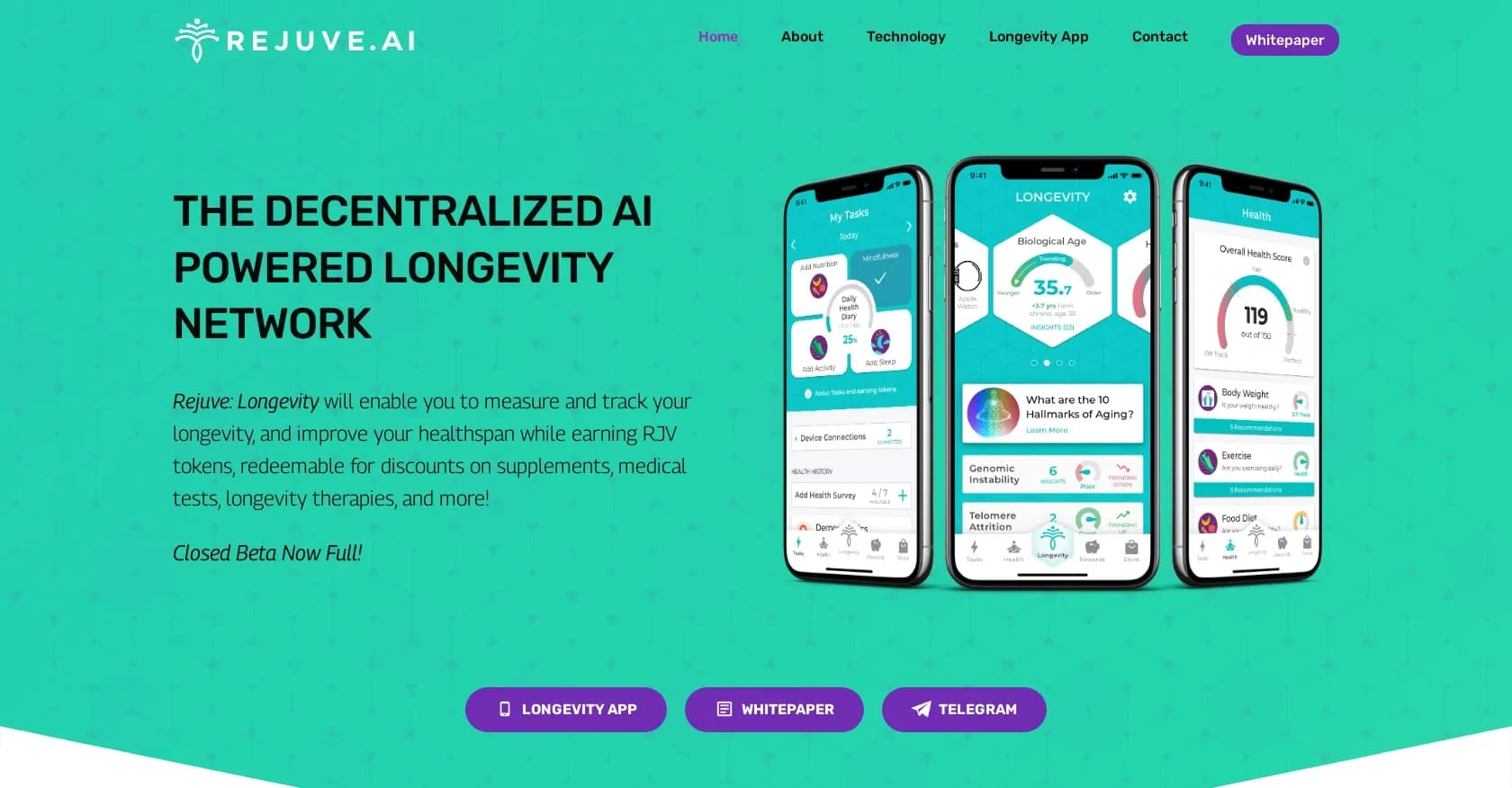 Rejuve homepage screenshot — Measure longevity, improve healthspan, earn rewards.