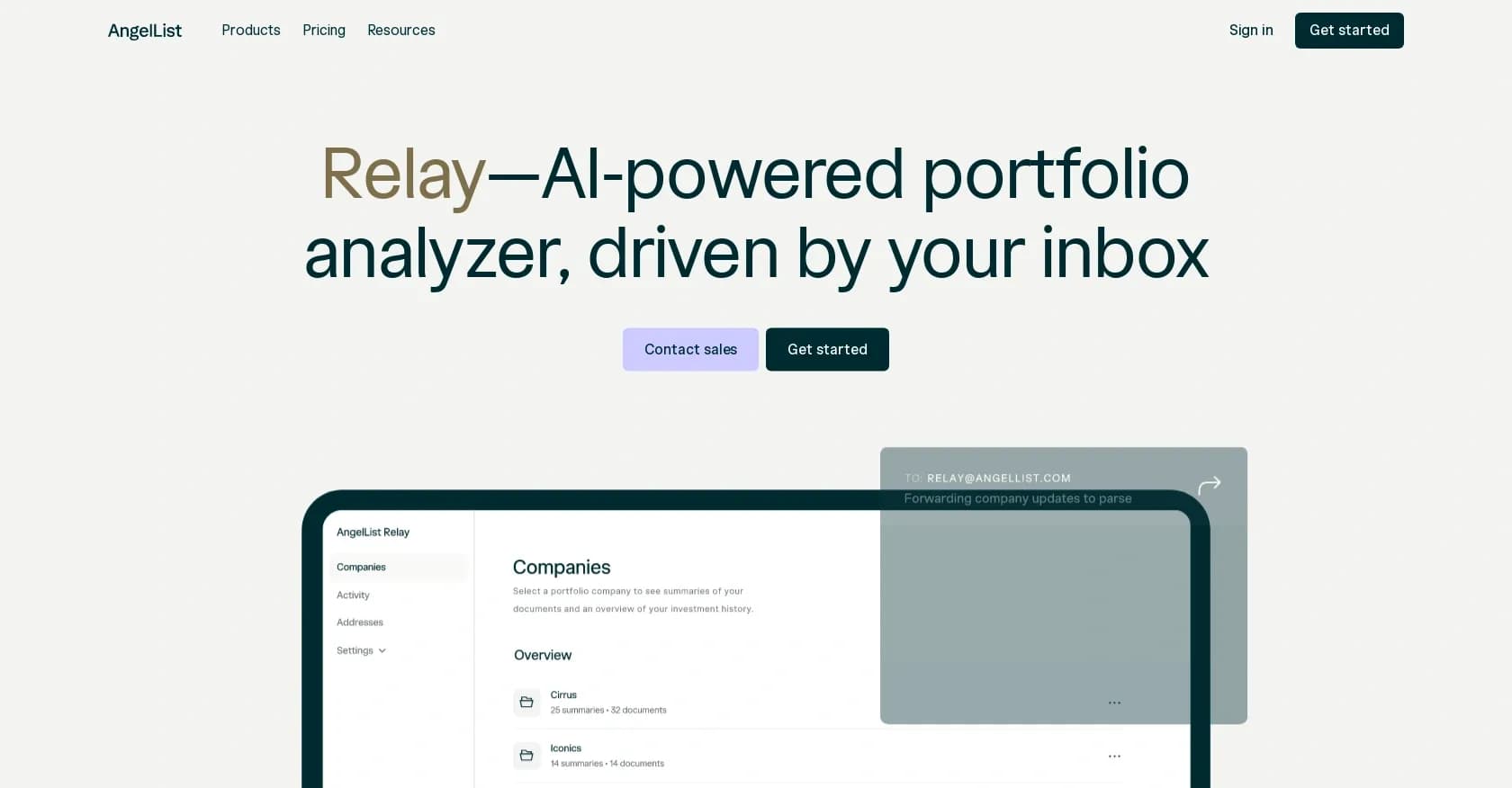 Relay homepage screenshot — Transform inbox data into organized investment insights.