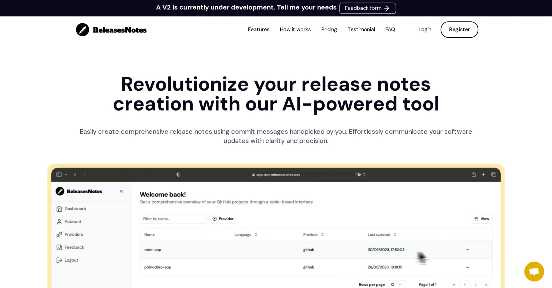 Releasesnotes homepage screenshot — AI-powered release notes from your commits