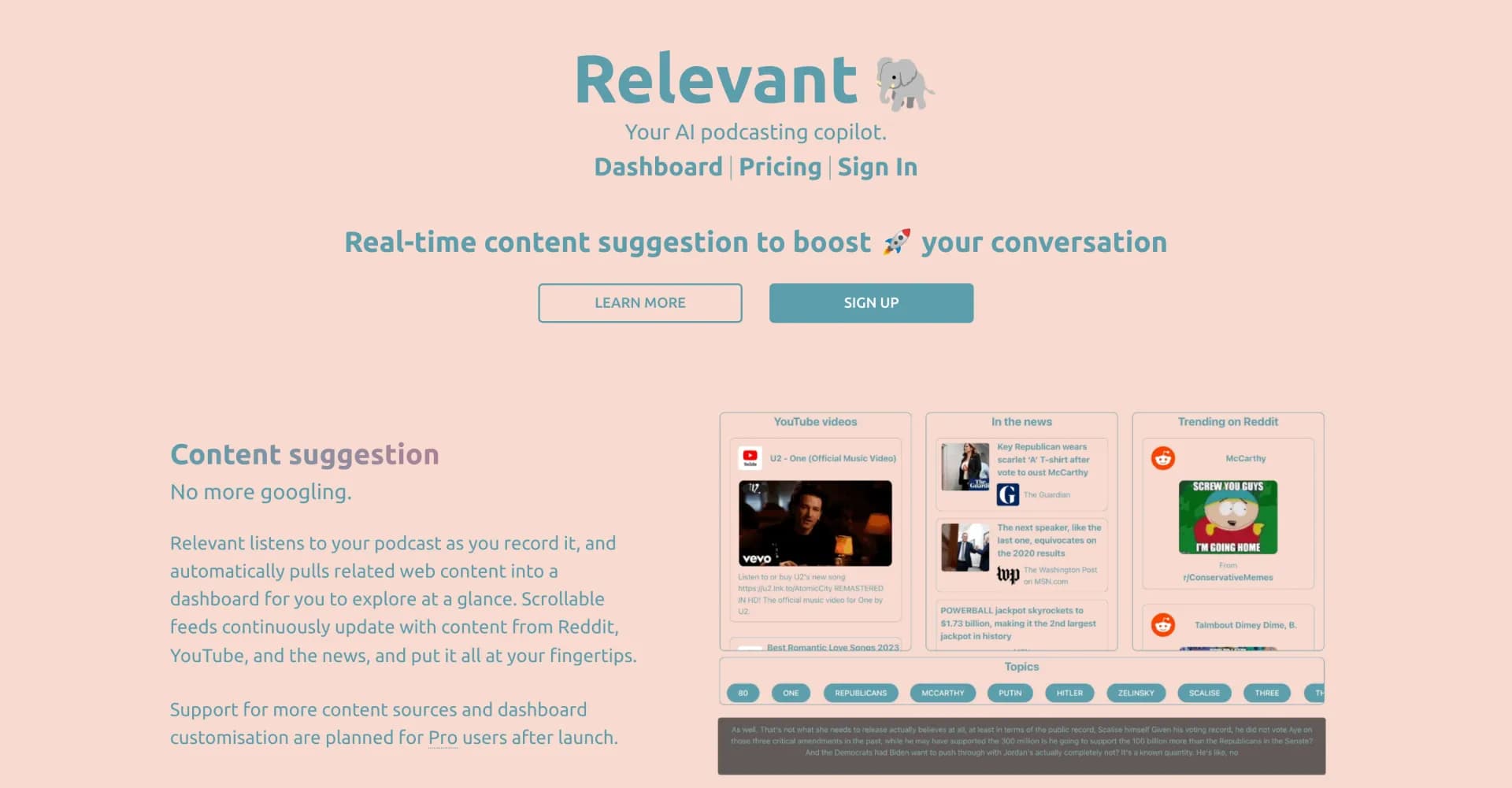 Relevant App homepage screenshot — AI-powered podcast production copilot
