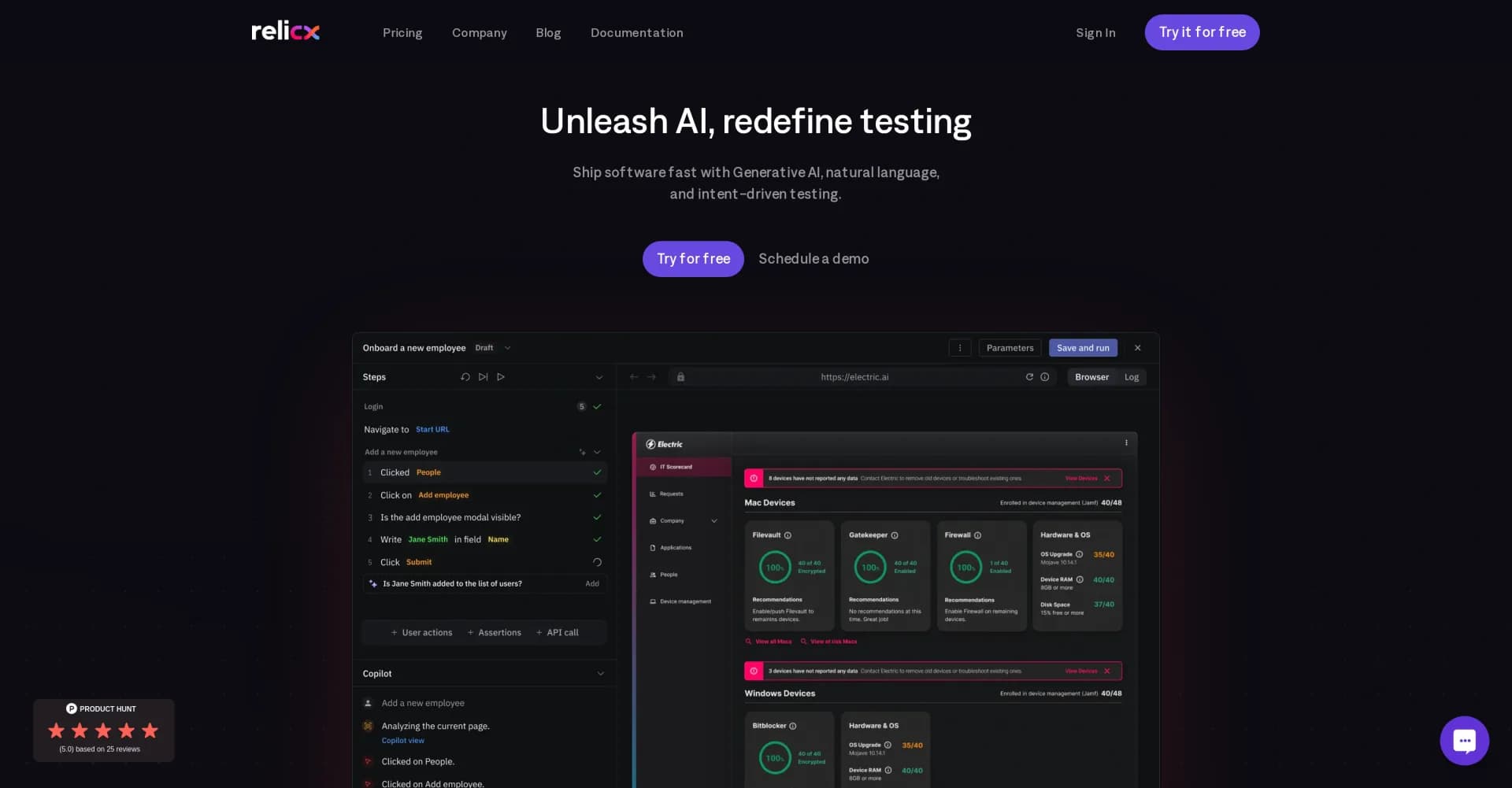 Relicx homepage screenshot — Unleash AI to redefine software testing