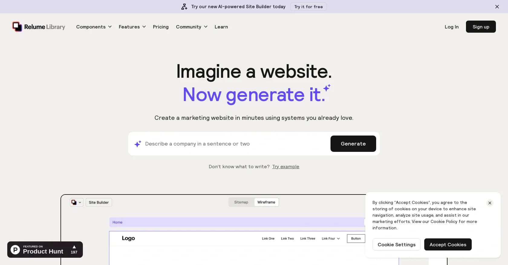 Relume Site Builder homepage screenshot — AI-powered site builder for rapid prototyping