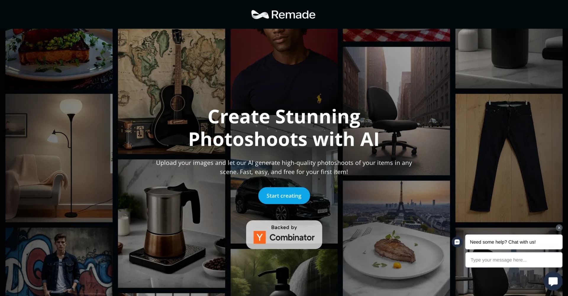 Remade homepage screenshot — AI-powered product photoshoots in any scene