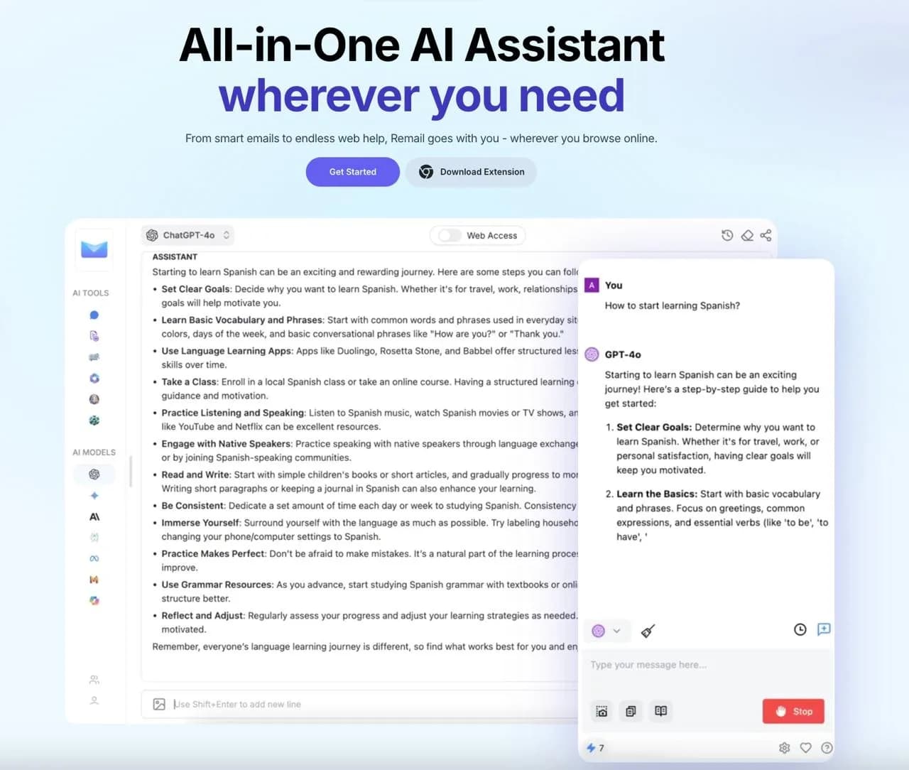 Remail homepage screenshot — From smart emails to endless web help, Remail goes with you