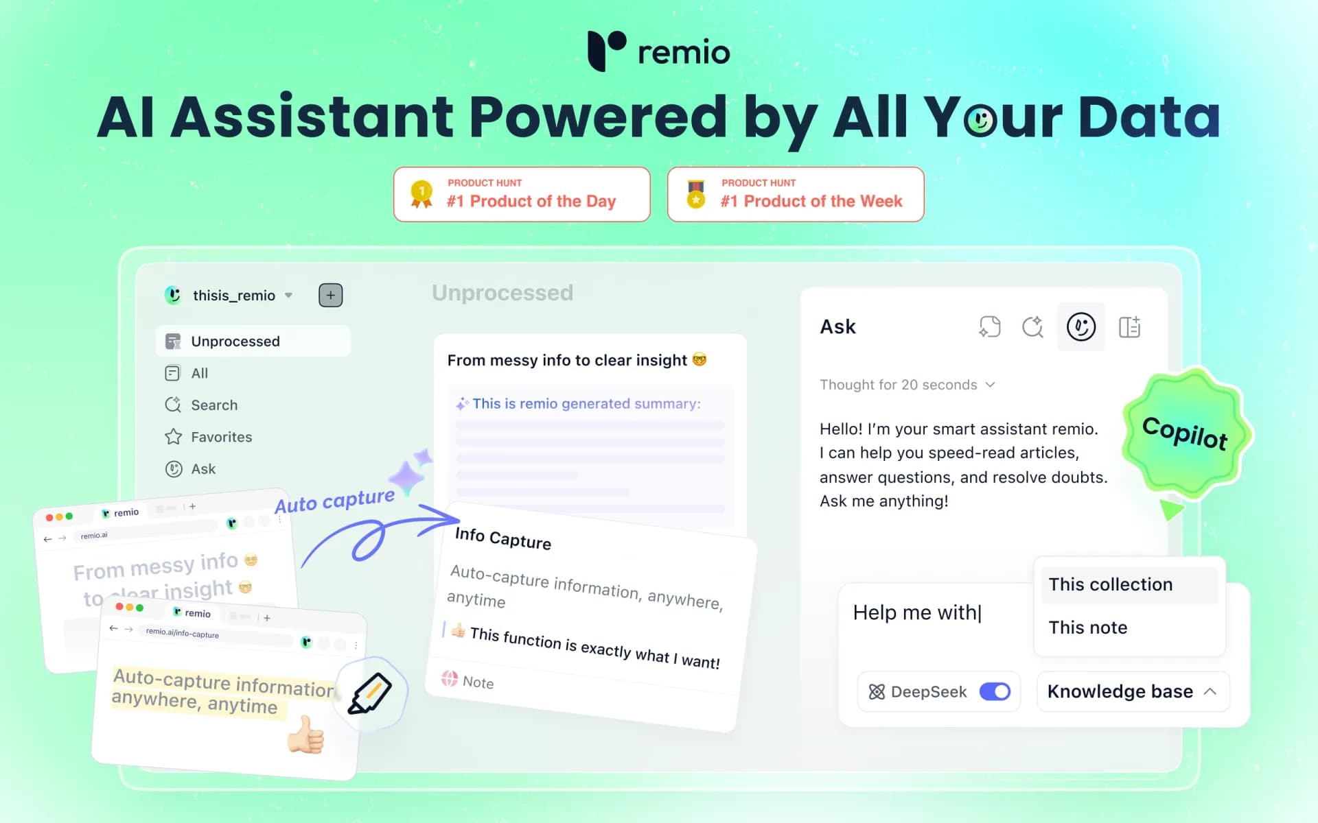 remio: Your Personal AI Assistantv1.10.7 homepage screenshot — Your AI-powered personal knowledge hub for professionals.