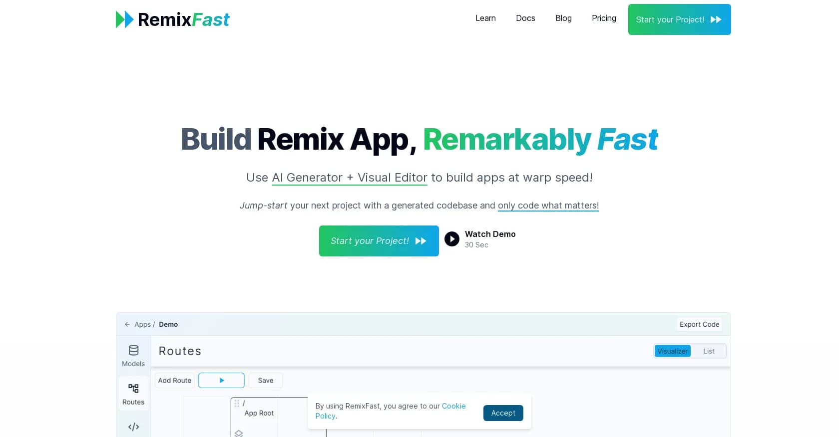 Remixfast homepage screenshot — Build Remix apps at warp speed with AI and visual editing.