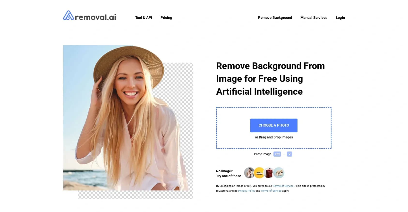 Removal.ai homepage screenshot — Remove image backgrounds instantly with AI.
