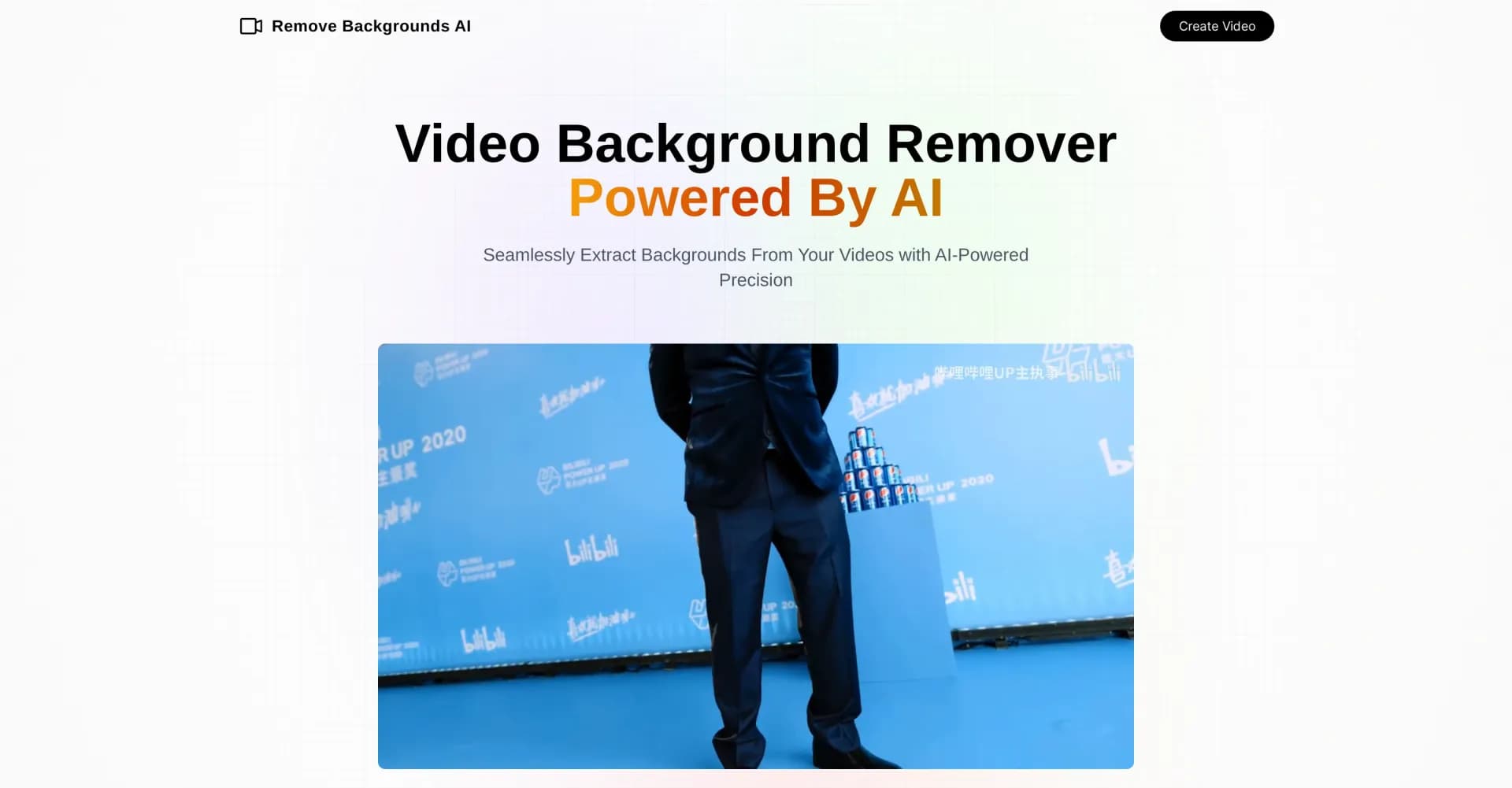 Remove Backgrounds AI homepage screenshot — Remove video backgrounds with AI precision