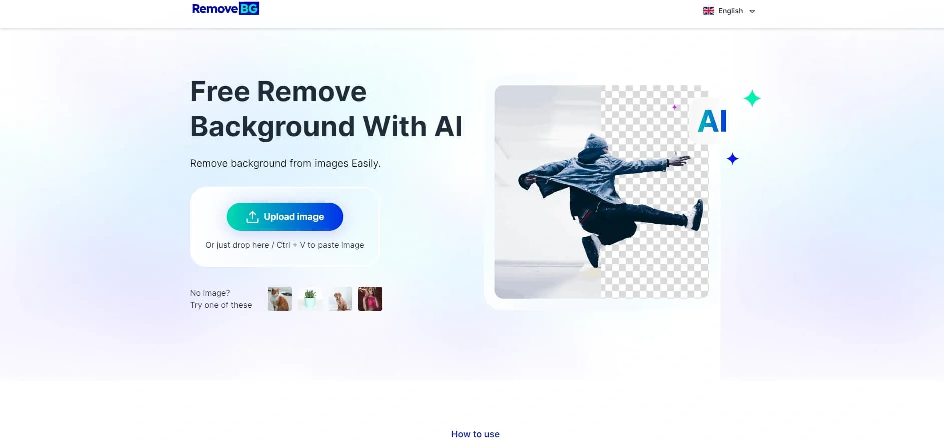 Remove-BG.AI homepage screenshot — Remove backgrounds from images instantly with AI