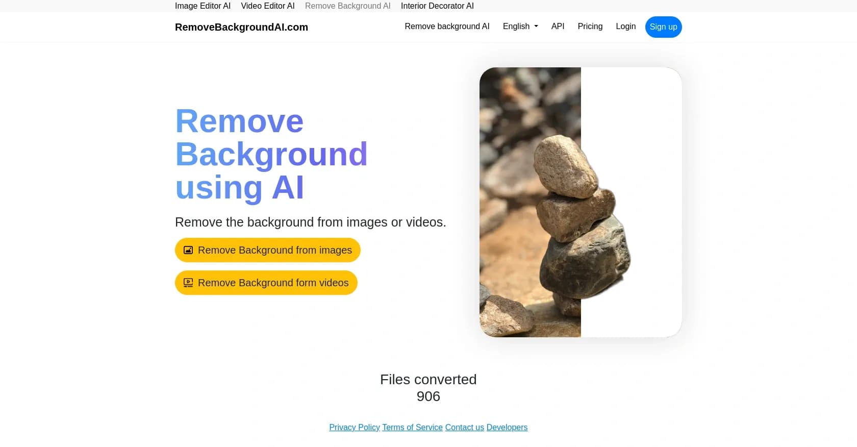 Removebackgroundai homepage screenshot — AI-powered background removal for images and videos.