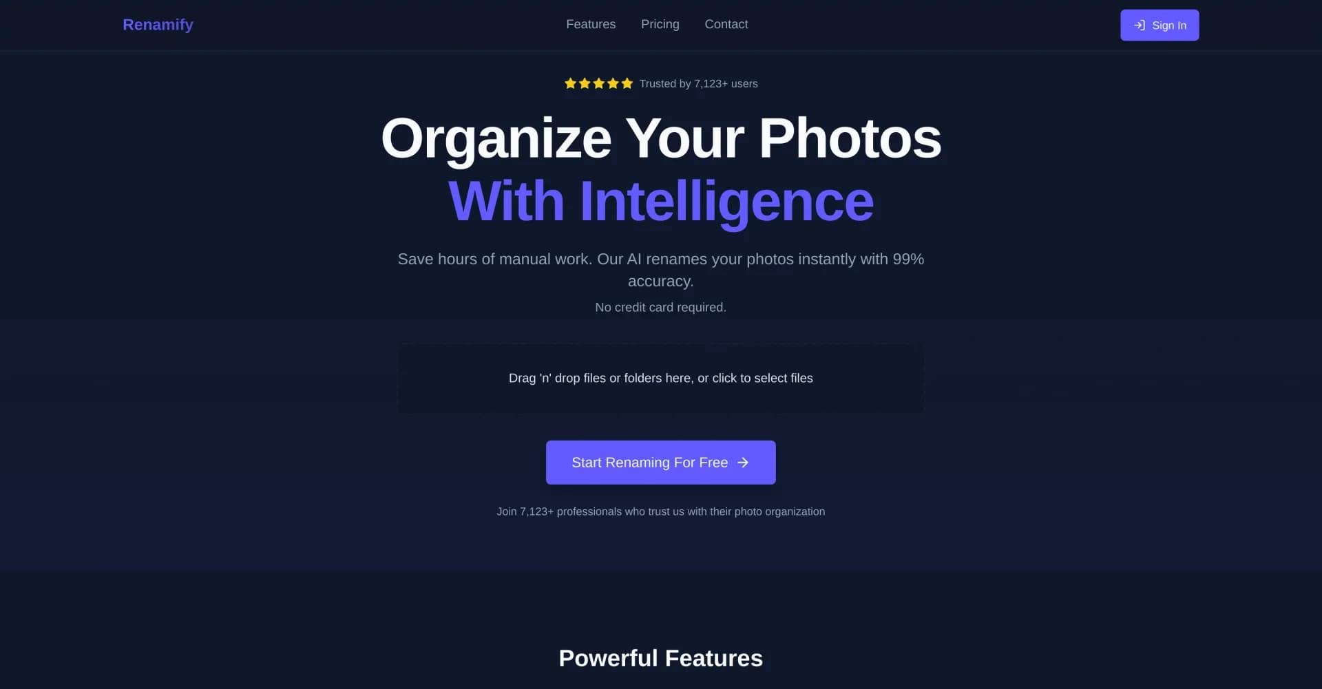 Renamify homepage screenshot — AI-powered bulk file renaming, made easy.