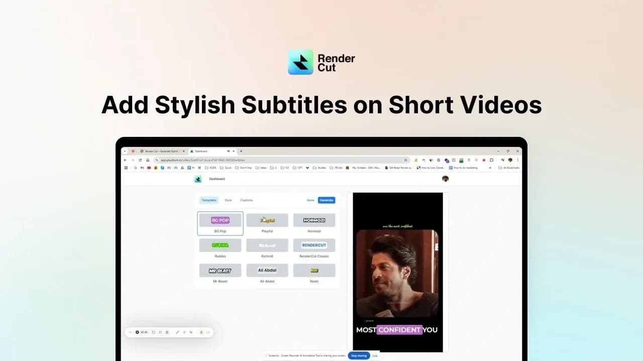 RenderCut homepage screenshot — Add stylish subtitles to short videos instantly.
