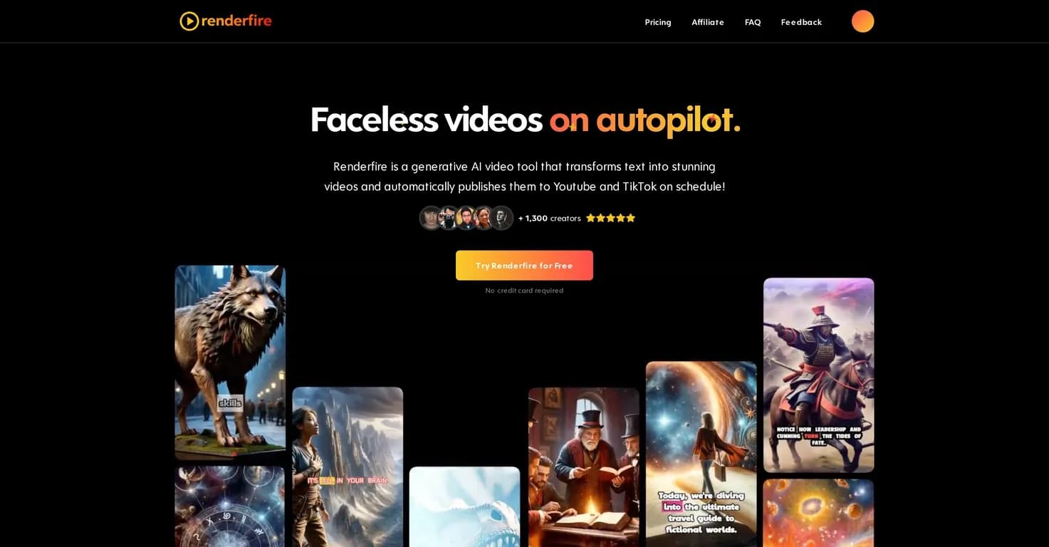 Renderfirev2 homepage screenshot — Automate faceless videos for YouTube and TikTok.