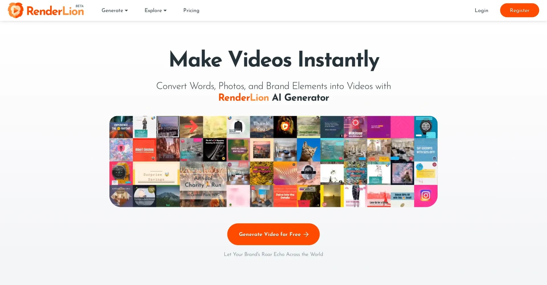 RenderLion homepage screenshot — Turn words, images, and brands into videos instantly.