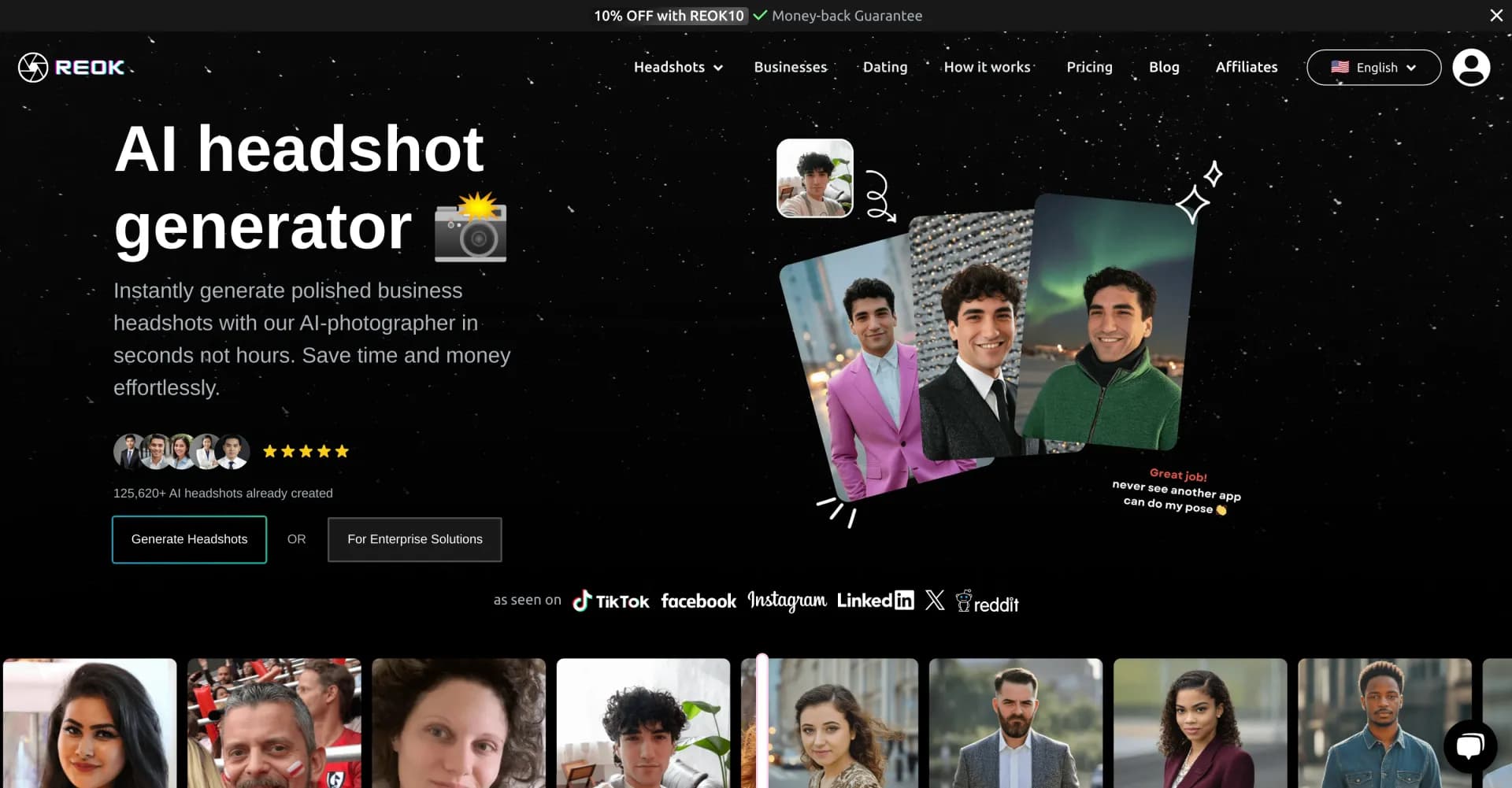 Reok Pro homepage screenshot — Create professional AI headshots in seconds, not hours.