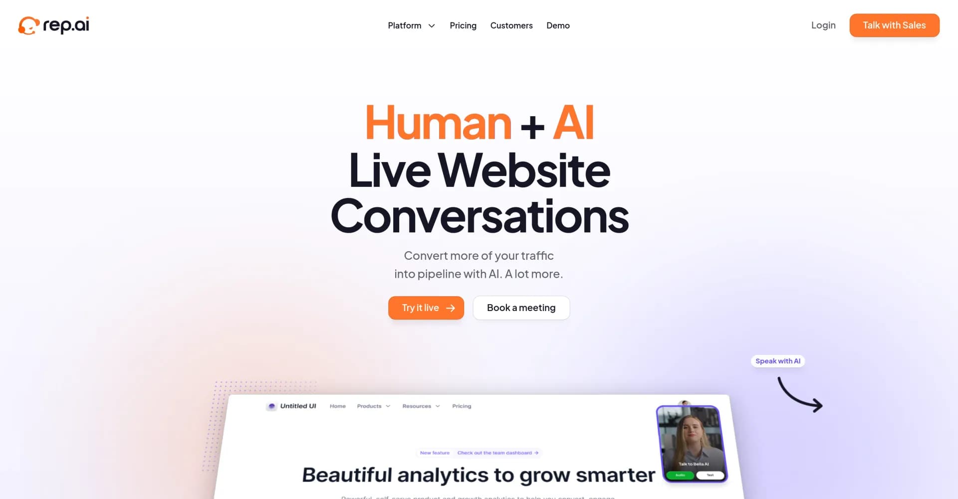 Rep.ai homepage screenshot — Convert more traffic into pipeline with AI
